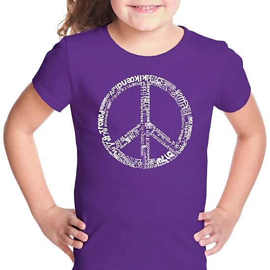 LA Pop Art Girls Word Art T-Shirt - THE WORD PEACE IN 77 LANGUAGES