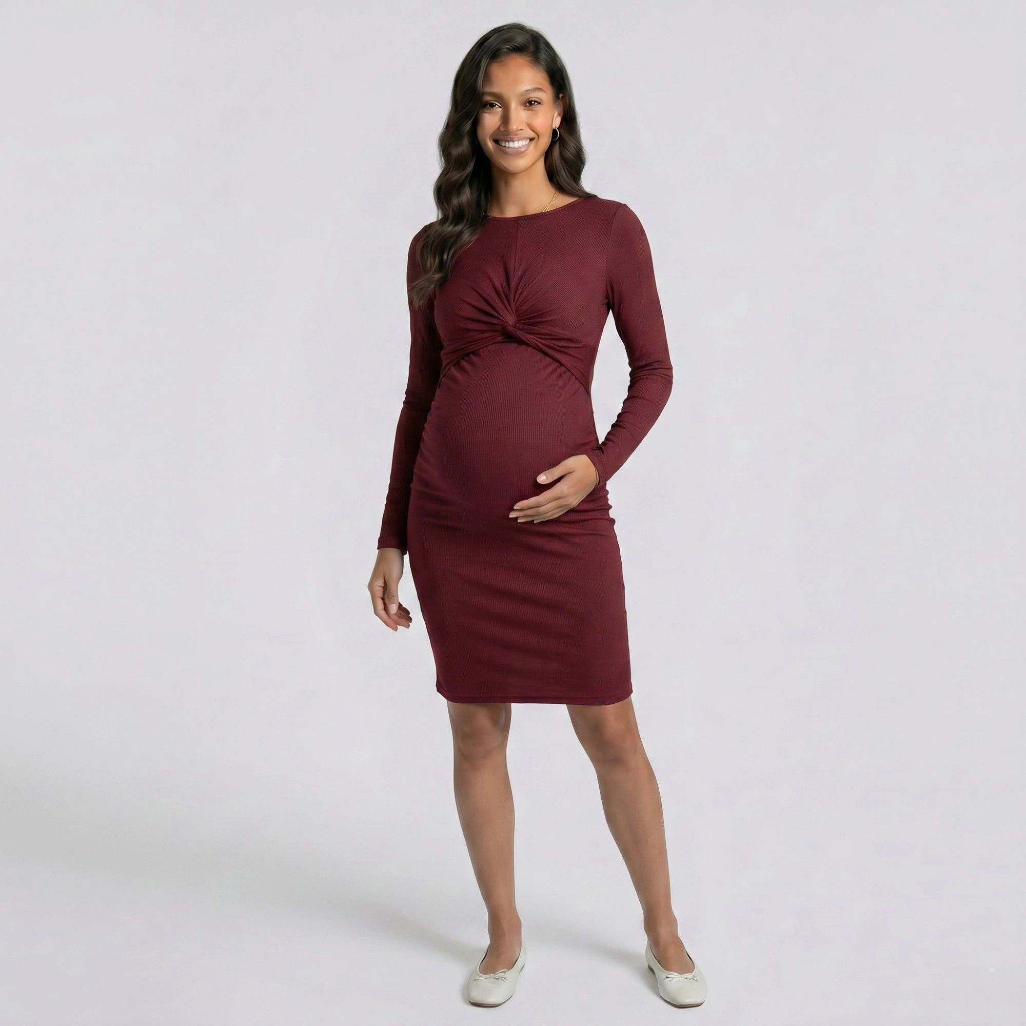 Anna-Kaci Women's Maternity Ribbed Long Sleeve Bodycon Dress with Front Twist Detail