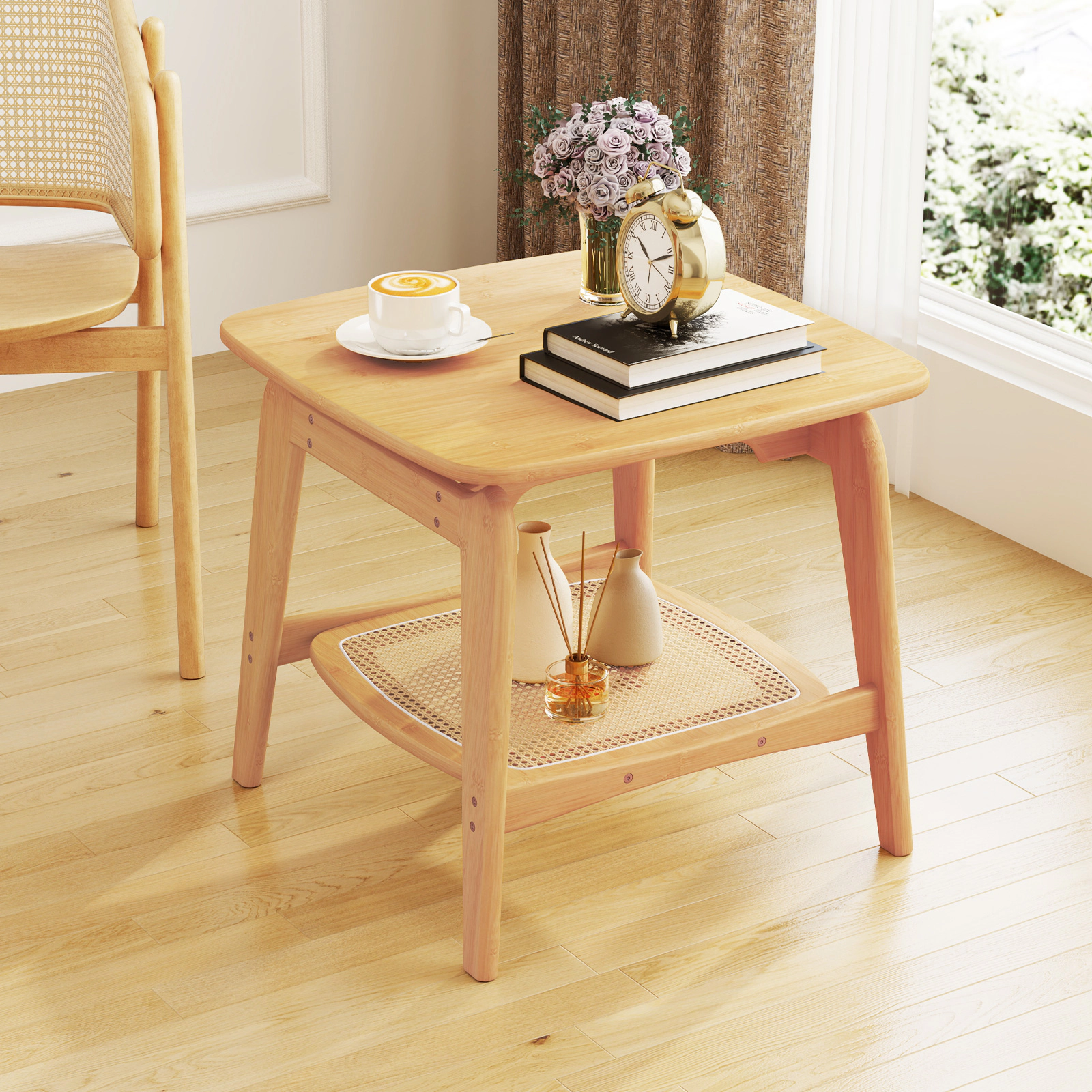 SUGIFT 22-Inch Natural Bamboo Side Table with Woven Faux Rattan Shelf