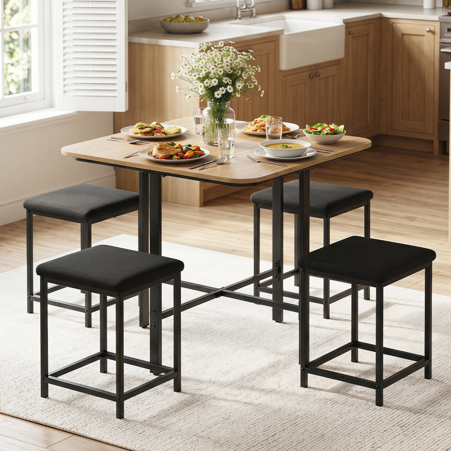 LJG Dining Table Set with 4 Upholstered Stools and Metal Frame