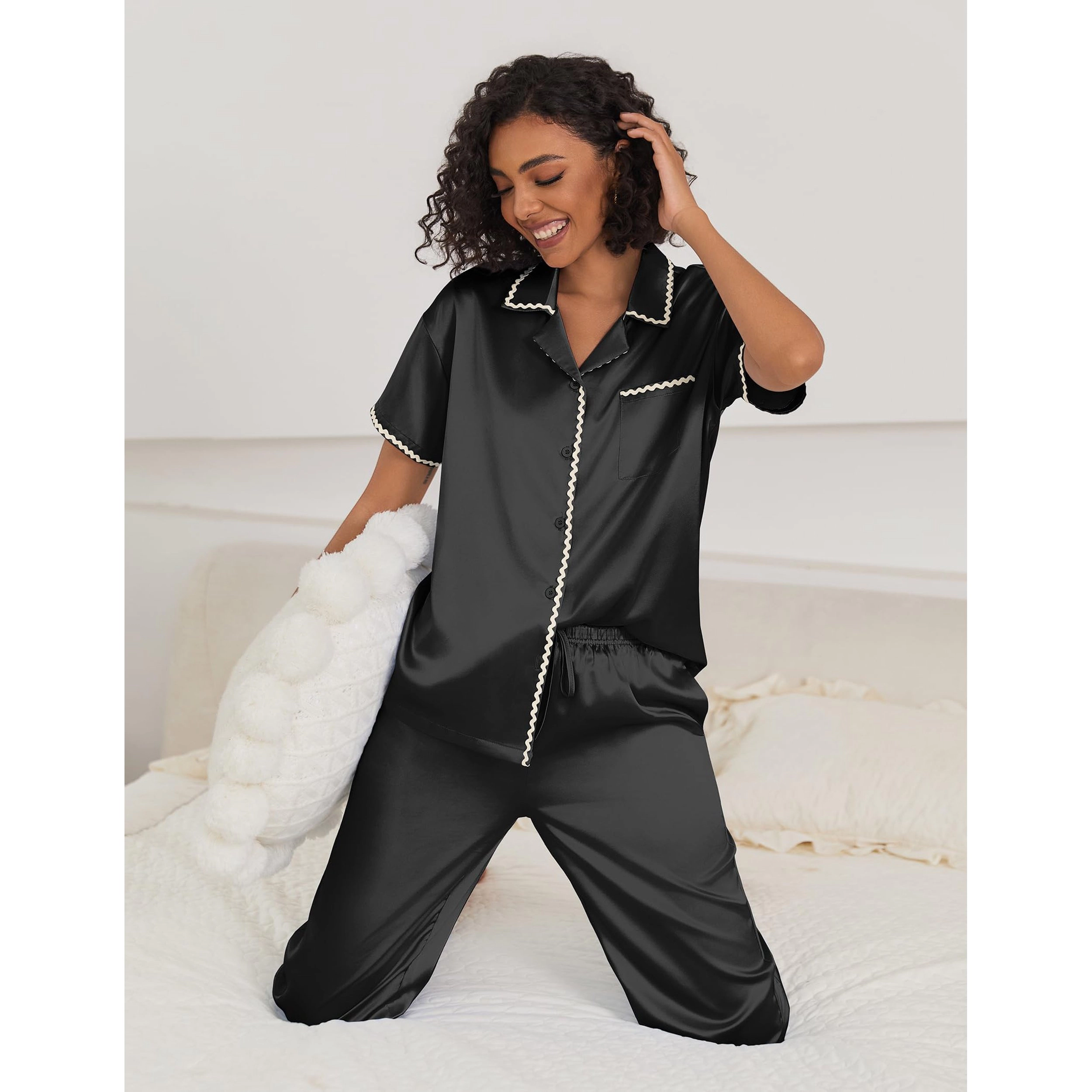 Ekouaer Women's Satin Pajama Set Short Sleeve Button Up Top & Pants