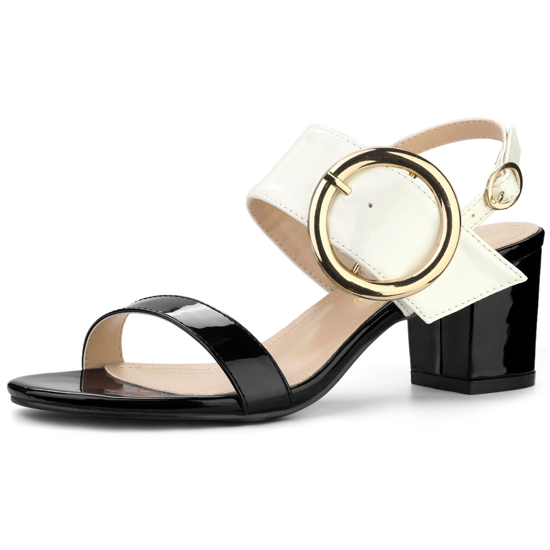 BLISSFUL STEP Women's Patent Leather Chunky Slingback Block High Heel Sandals