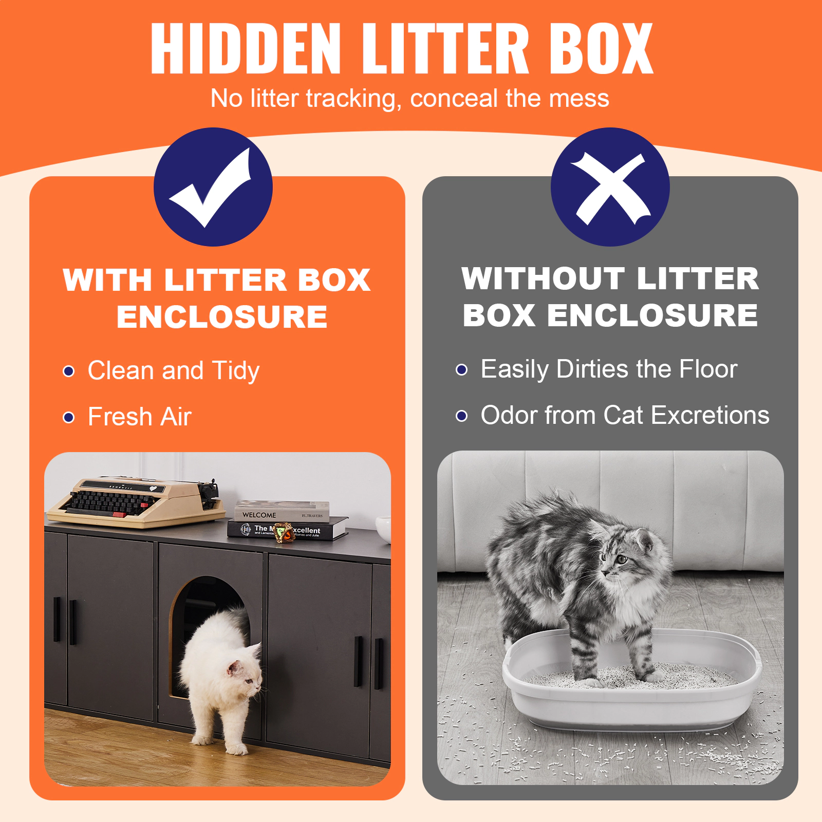 HONGGE Cat Litter Box Enclosure for 2 Cats Litter Box Furniture Hidden with Wooden Cat Box Cabinet Fit Most of Litter