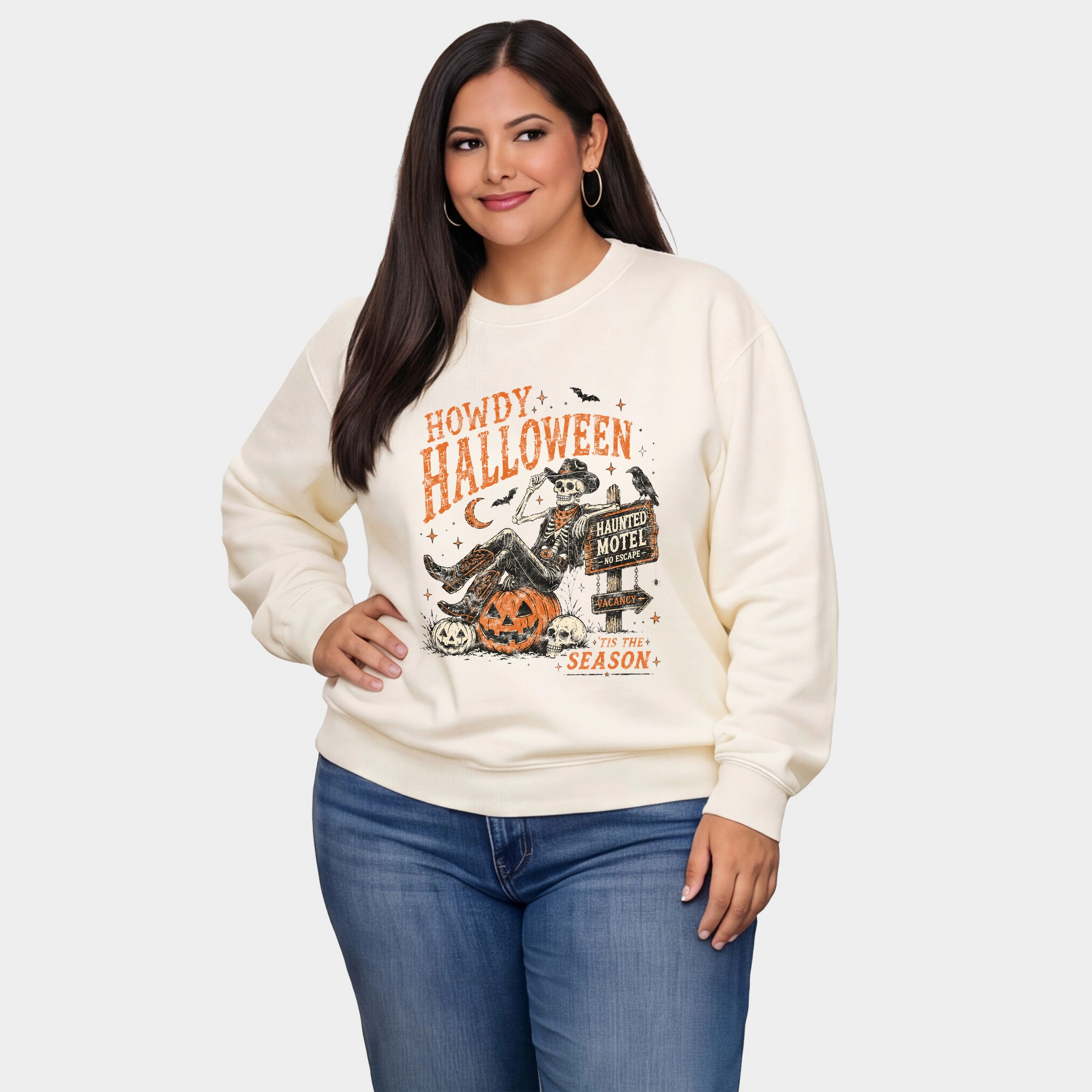 Simply Sage Market - Women's Plus Sized Graphic Sweatshirt Howdy Halloween Skeleton