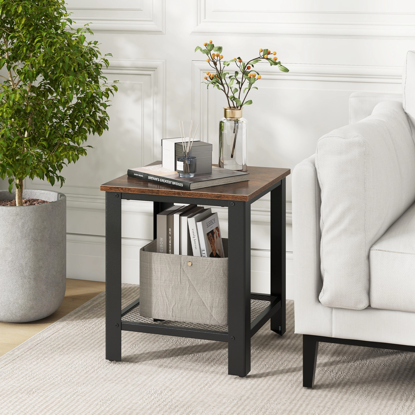 Slickblue Industrial End Table with Lower Mesh Shelf for Living Room Bedroom
