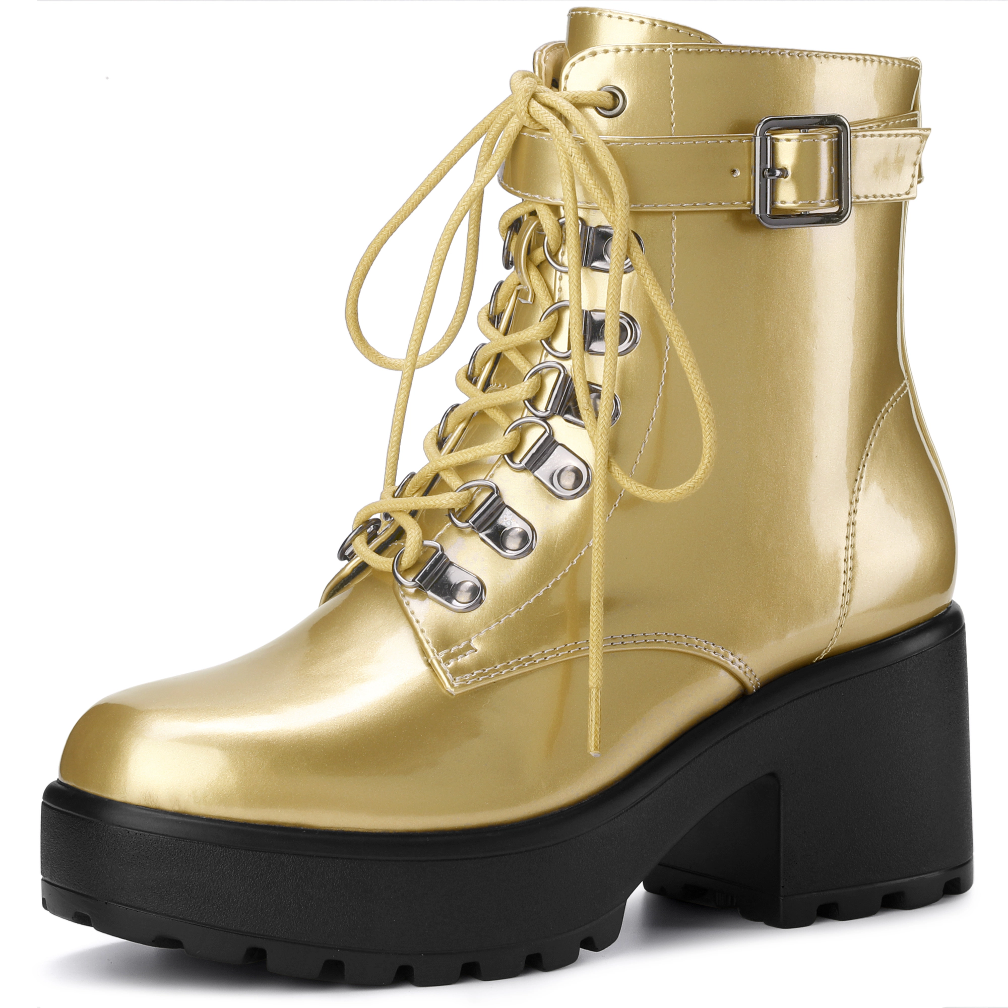 BLISSFUL STEP Women Faux Leather Round Toe Platform Chunky Heels Combat Boots