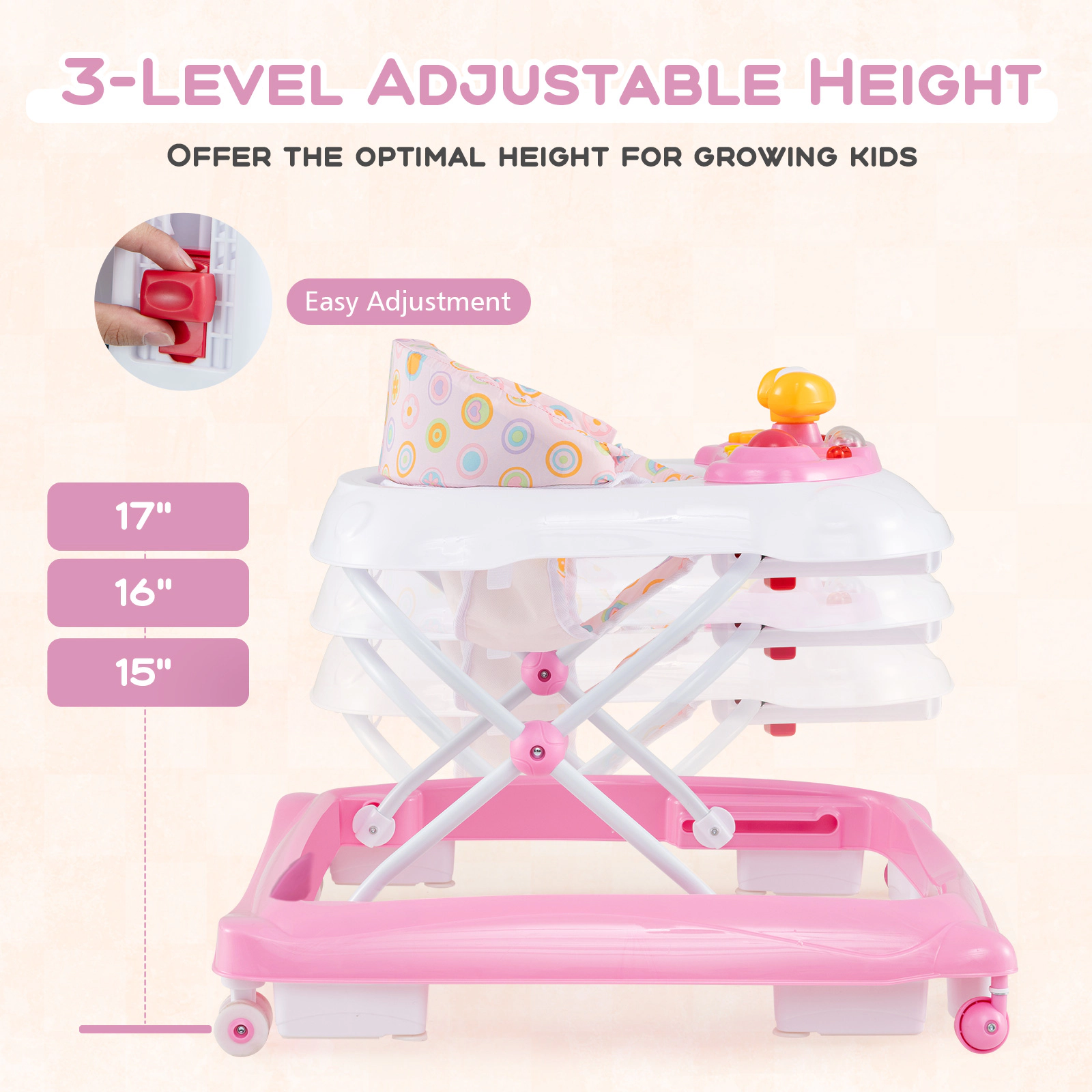 Foldable Baby Walker with 3 Tool-Free Height Settings Music Tray with Lights and Machine-Washable Padded Seat Pink