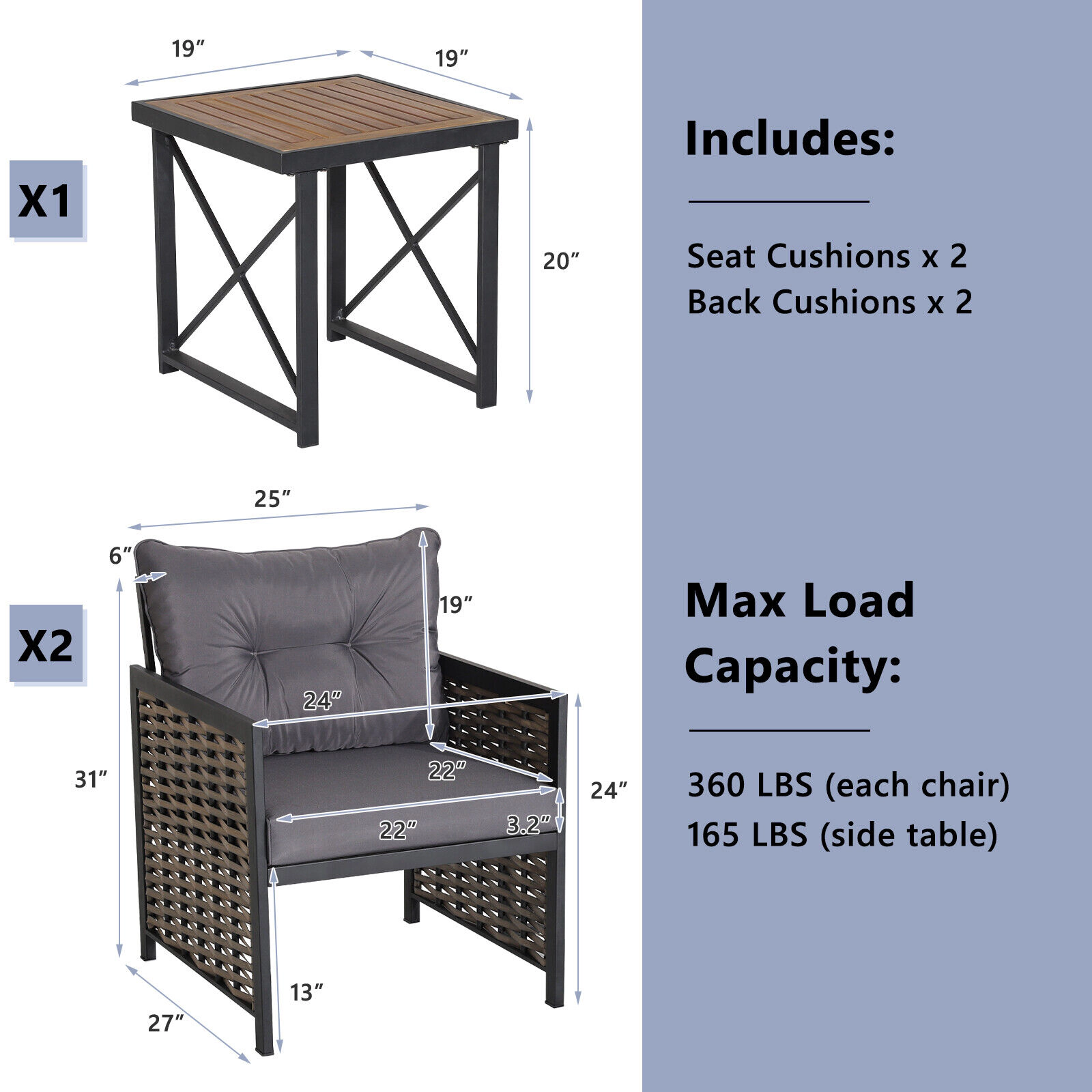 SUGIFT 3-Piece Brown Wicker Patio Set with Acacia Tabletop, Cushions, 360-lb Chairs