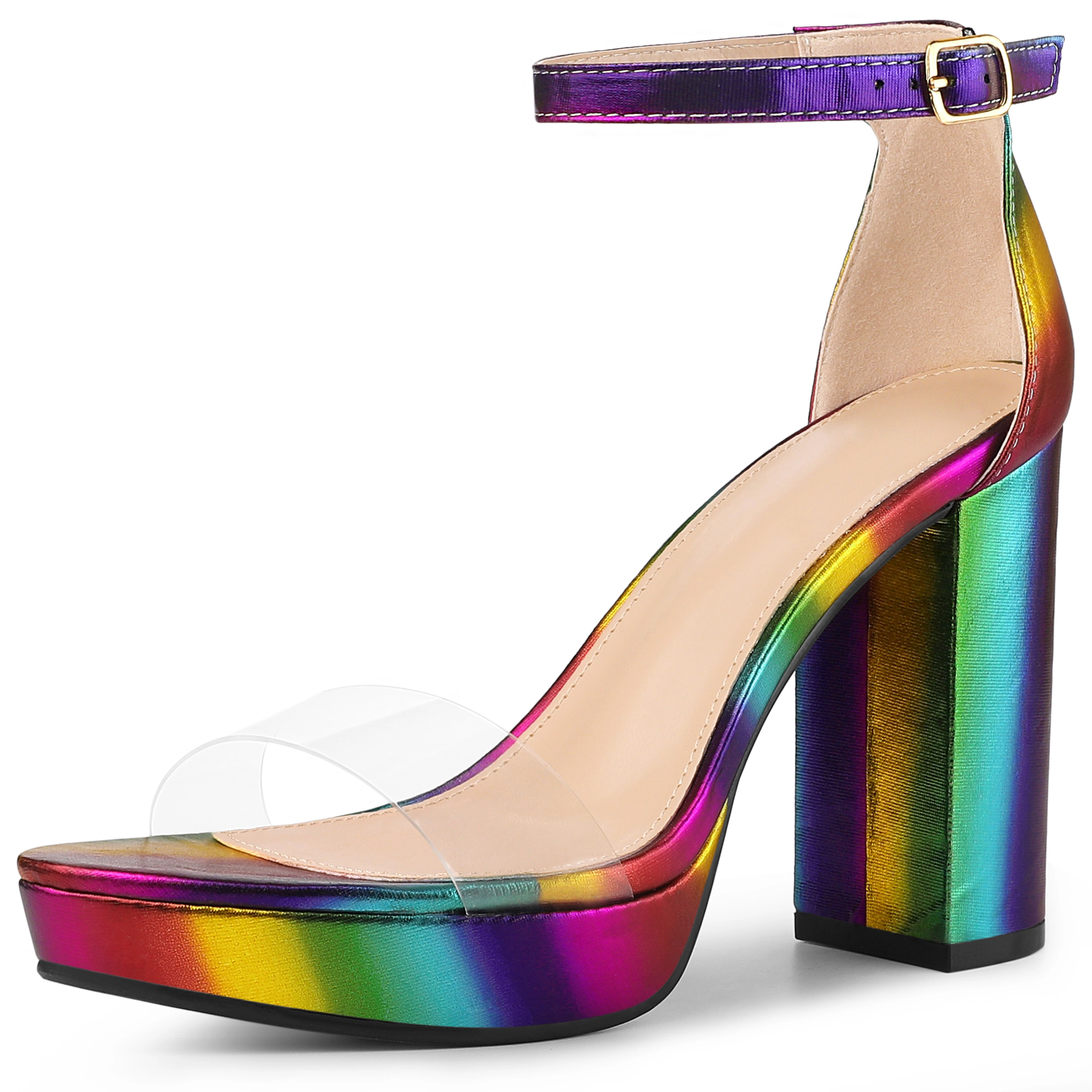 BLISSFUL STEP Women's Printed Clear Platform Chunky Heel Sandals