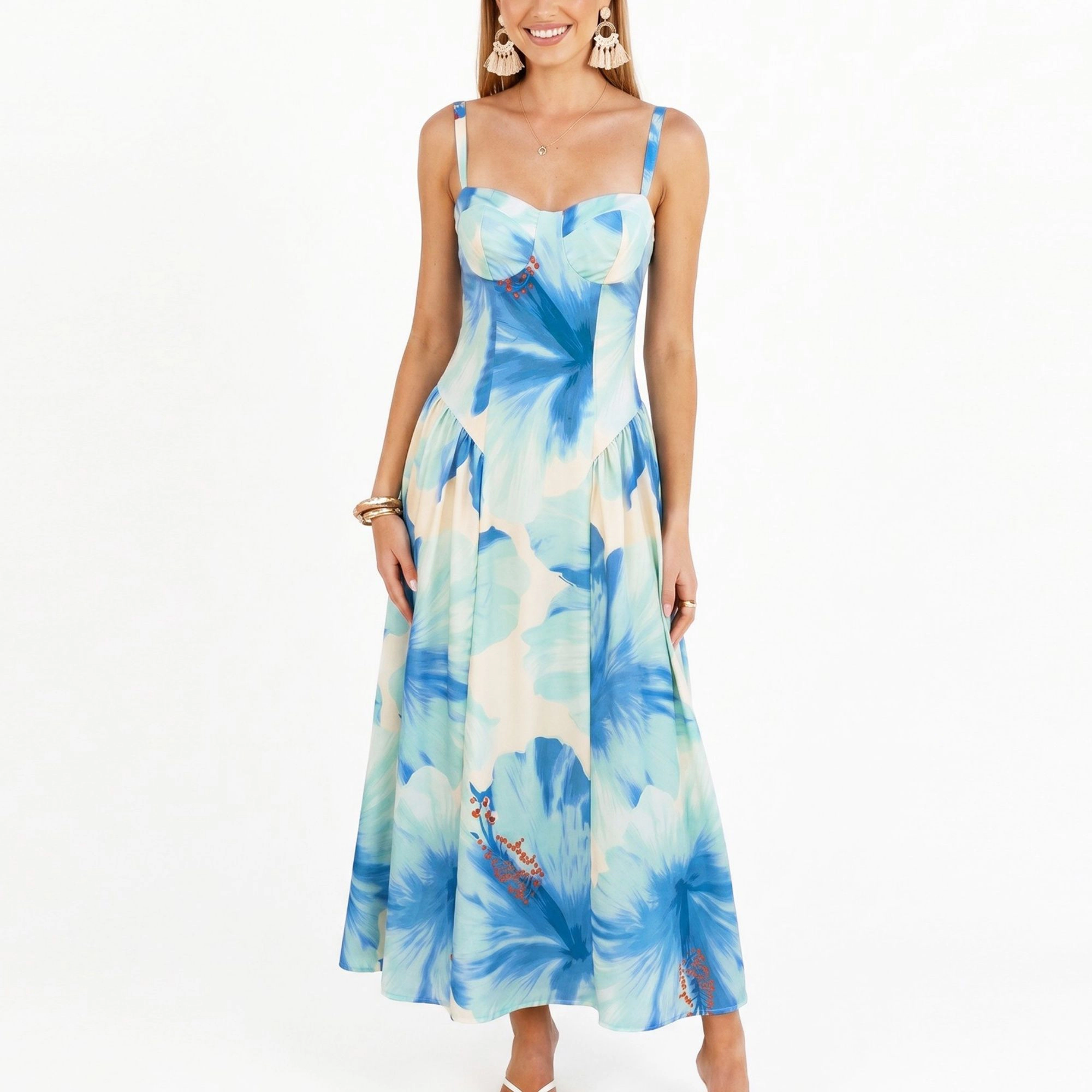 Anna-Kaci Women's Floral Sweetheart Bodice Smocked Back Maxi Dress