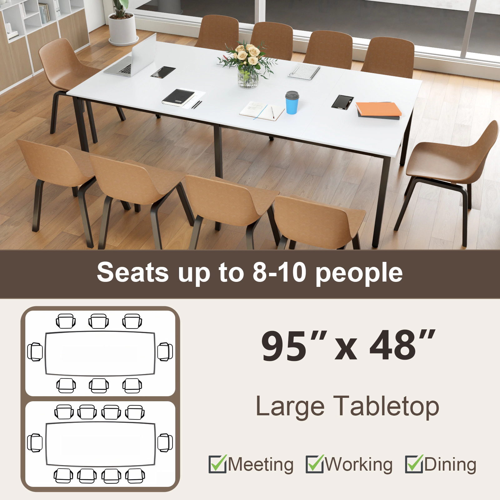 SUGIFT 95-in Rustic Brown Conference Room Table for 10 People with 2 Cable Grommets and 6-Leg Metal Frame