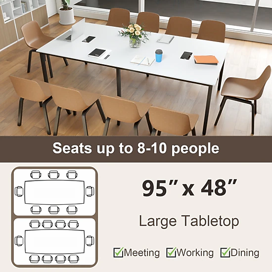 SUGIFT 95-in Rustic Brown Conference Room Table for 10 People with 2 Cable Grommets and 6-Leg Metal Frame