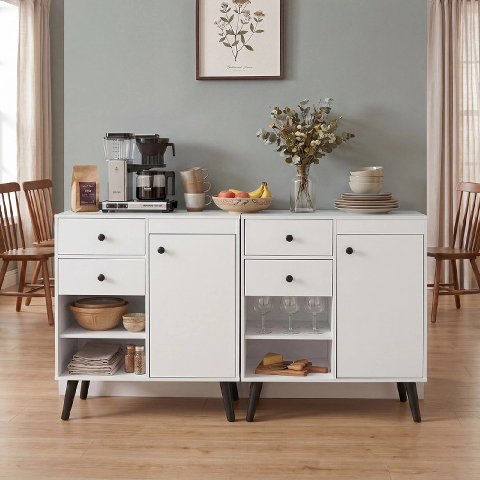 SUGIFT 31-in Sideboard Cabinet with 2 Open Compartments 2 Drawers and Single-Door Cabinet 135-lb Capacity White