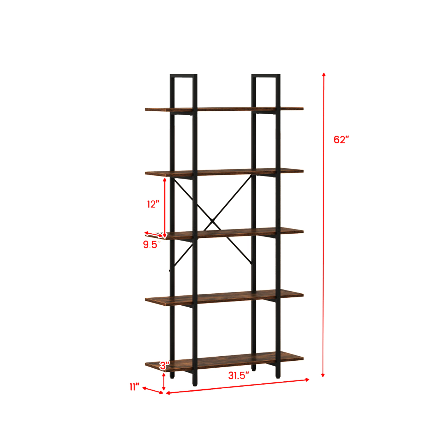 Hivvago Industrial Open Shelf Bookcase with Tiered Storage Design