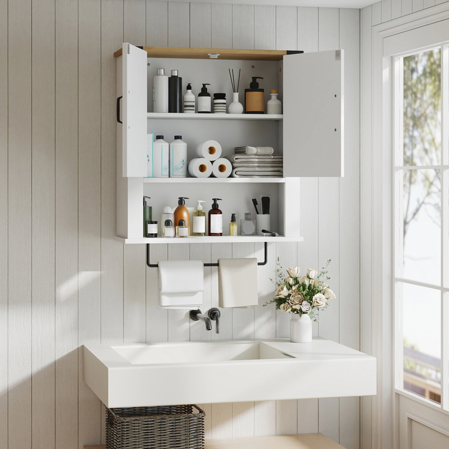 SlickBlue Wall Mounted Bathroom Cabinet with Towel Bar and Shelf