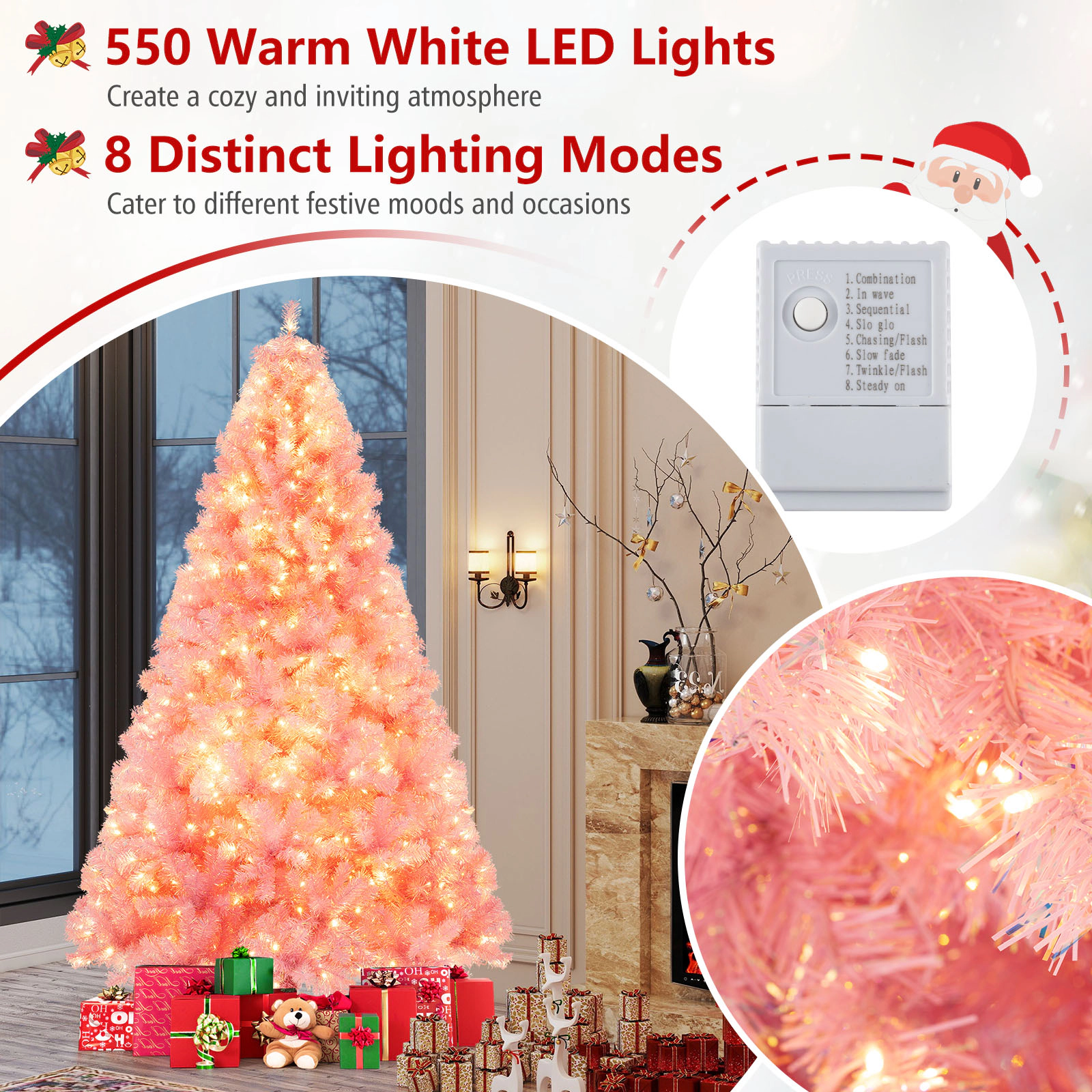 SUGIFT 7.5 ft Pink Pre-Lit Tinsel Christmas Tree with 1300 Branch Tips and 550 LED Lights