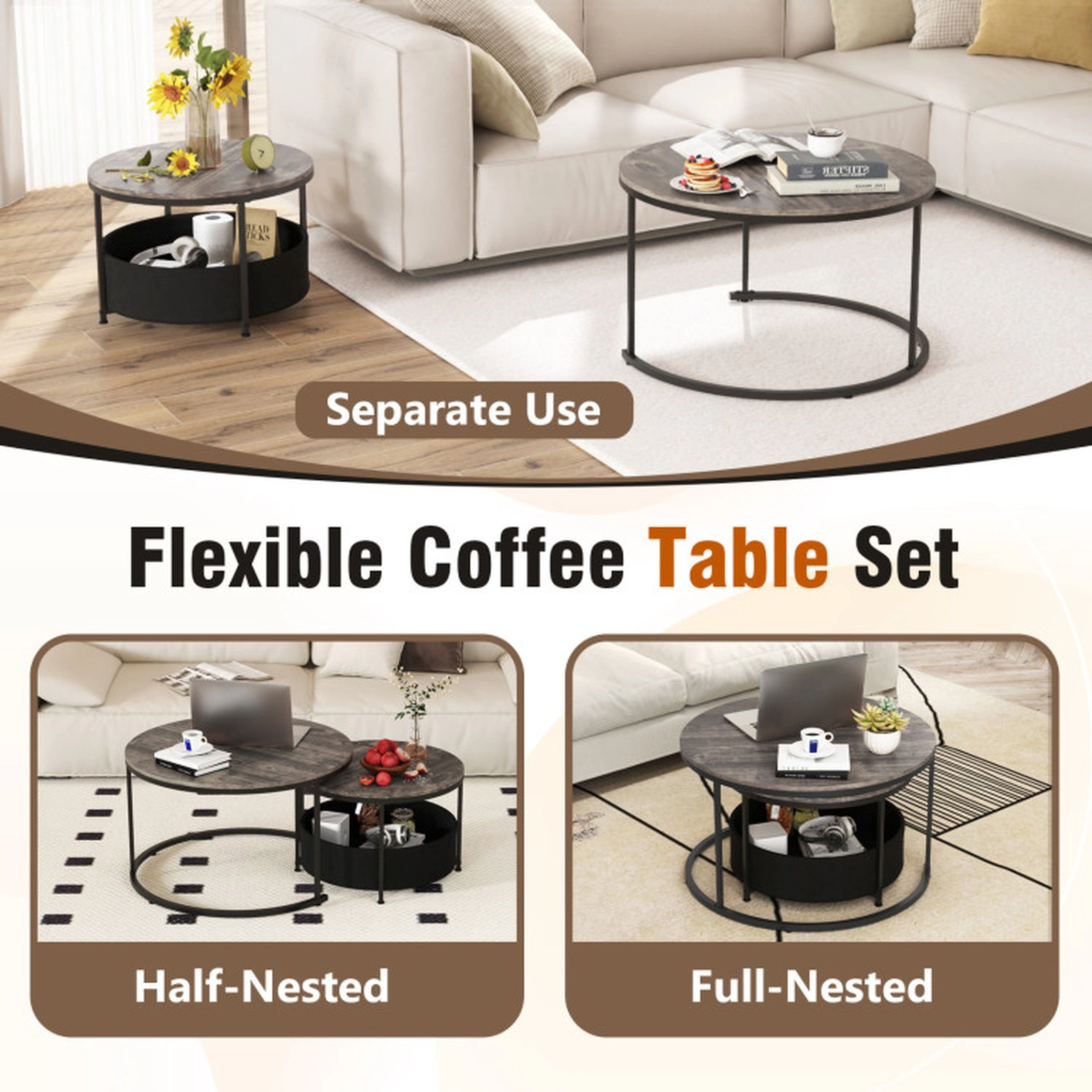 SUGIFT Round Nesting Coffee Table Set of 2 with Dual Tabletops Fabric Storage Basket 110-lb and 66-lb Capacity Gray