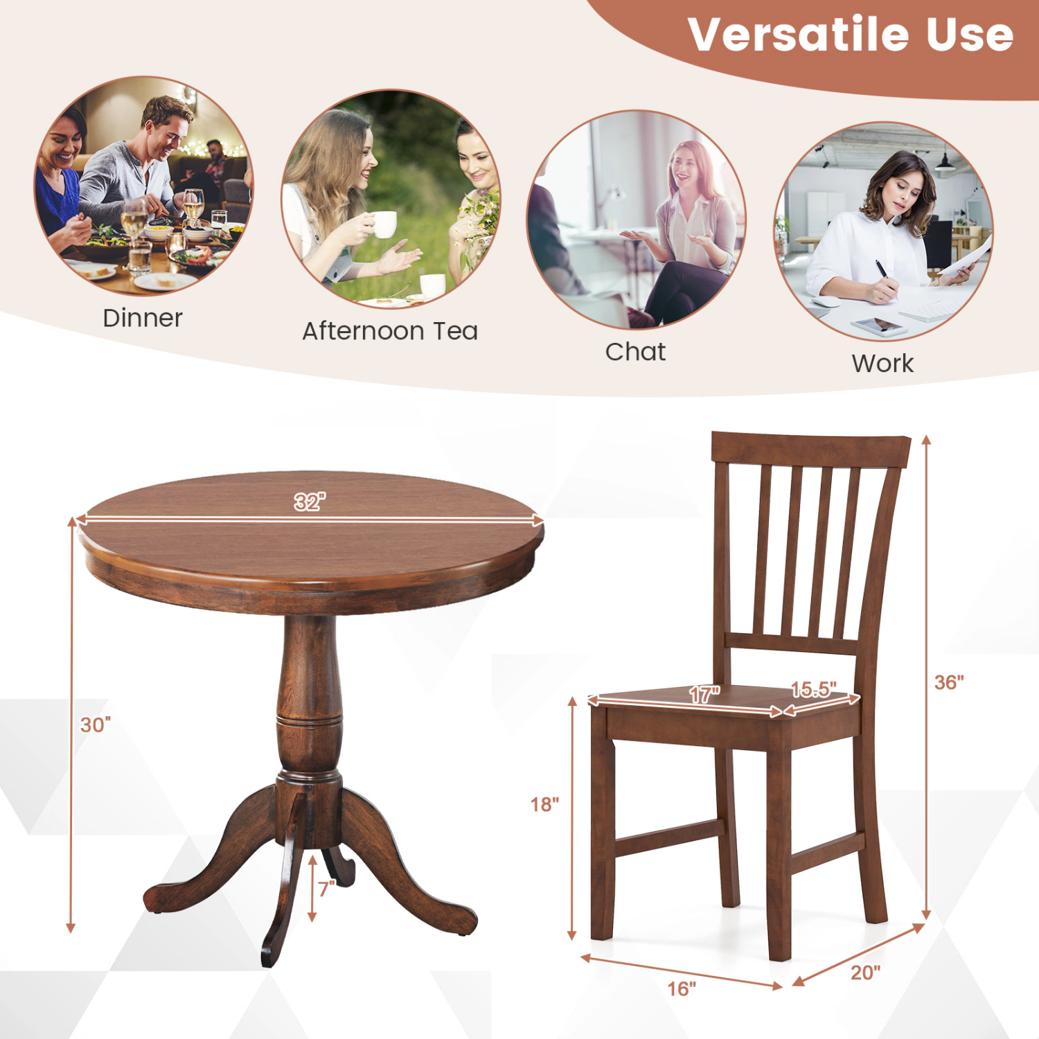 LJG 3 Pieces Wooden Dining Table and Chair Set for Cafe Kitchen Living Room