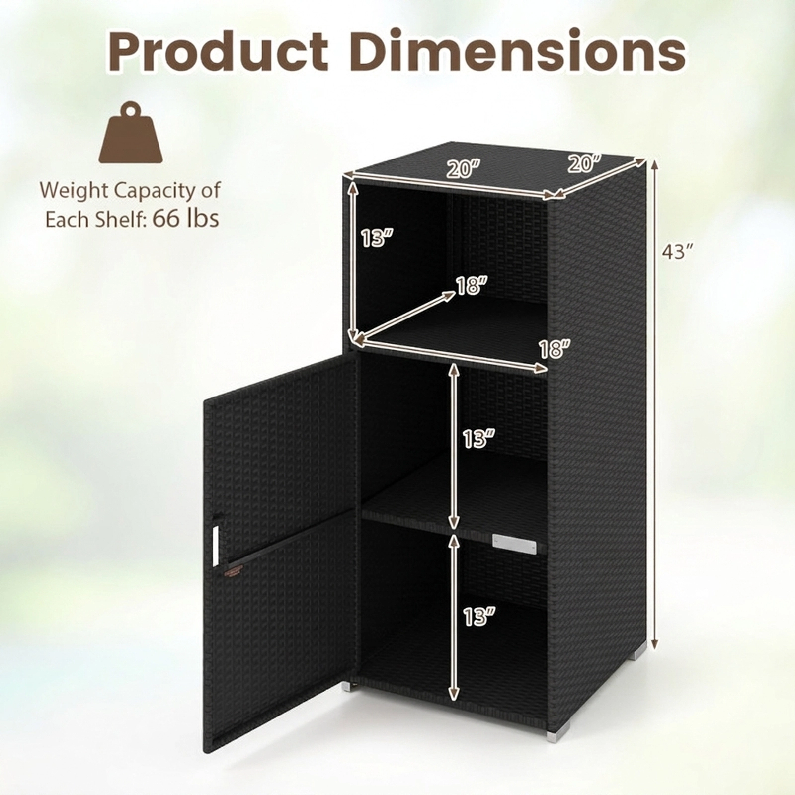 SUGIFT Black Hand-Woven PE Rattan Outdoor Storage Cabinet with Door Open Compartment and 66-lb Tiers