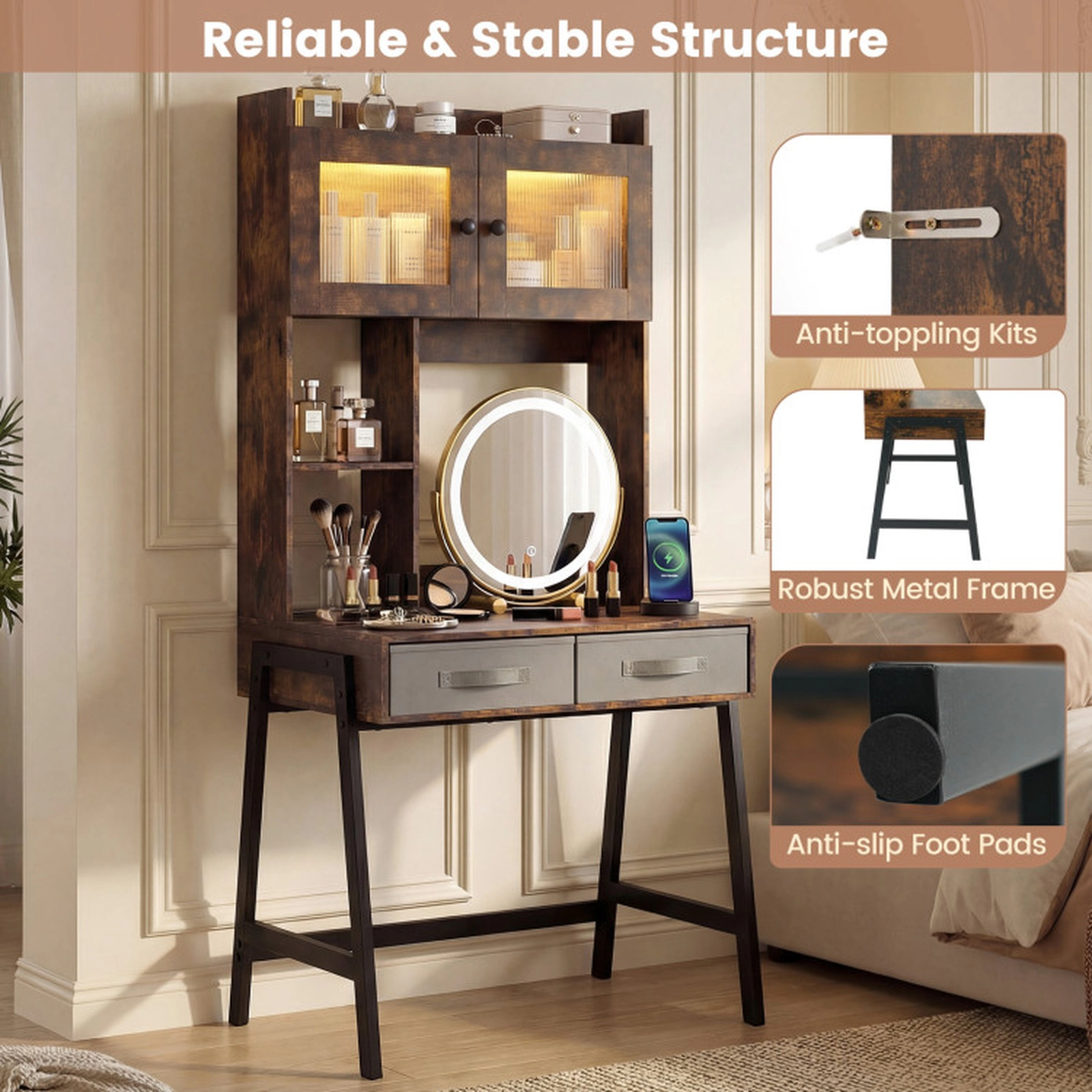 SUGIFT 67 in Vanity Desk with Rotating 16 in Mirror, Dimmable Lights and Storage