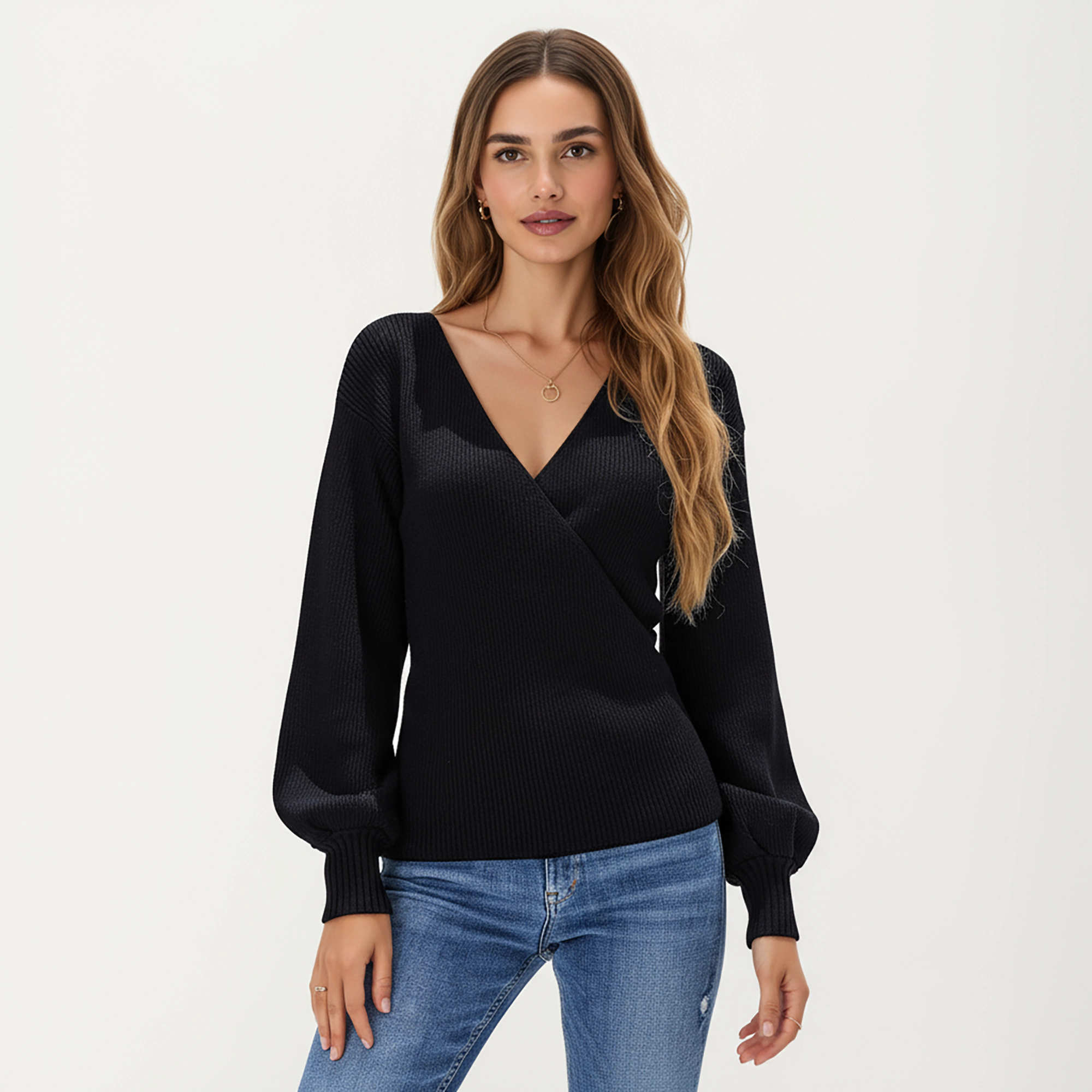 Anna-Kaci Women's Ribbed Wrap Front V-Neck Long Sleeve Knit Top