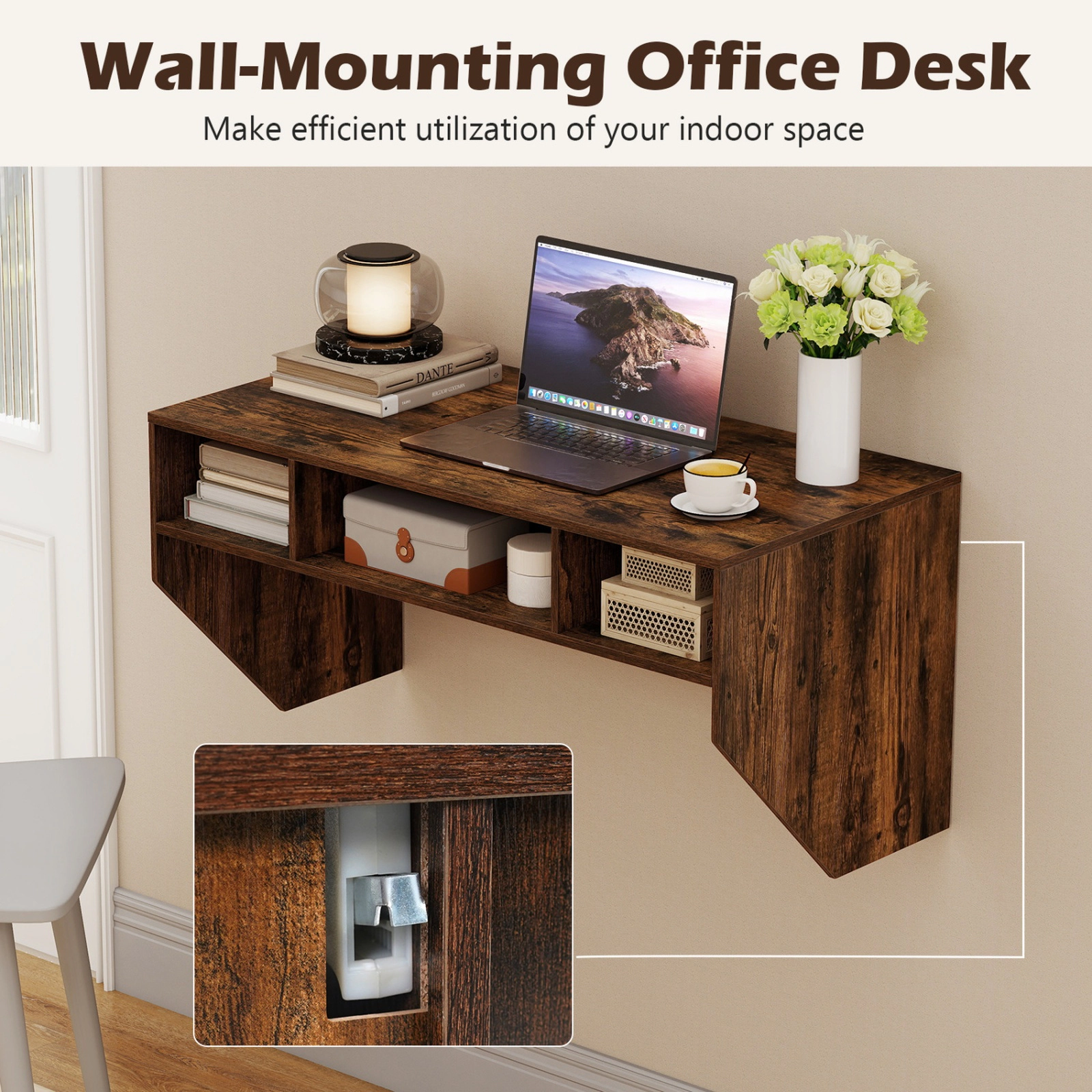 SUGIFT Rustic Brown Floating Laptop Desk, 41.5 in Wall-Mounted Desk with 3 Storage Cubes