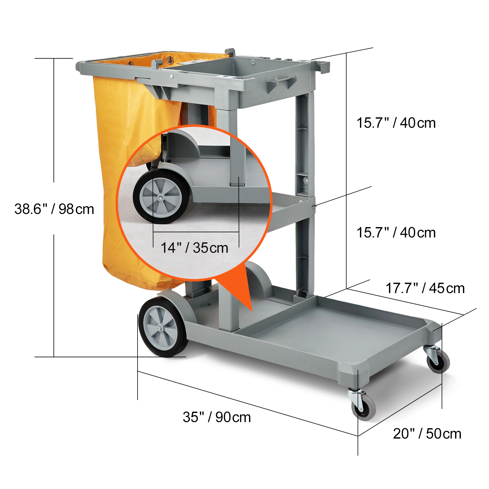 HONGGE Cleaning Cart 3-Shelf Commercial Janitorial Cart 200 lbs Capacity Plastic Housekeeping Cart with 25 Gallon PVC