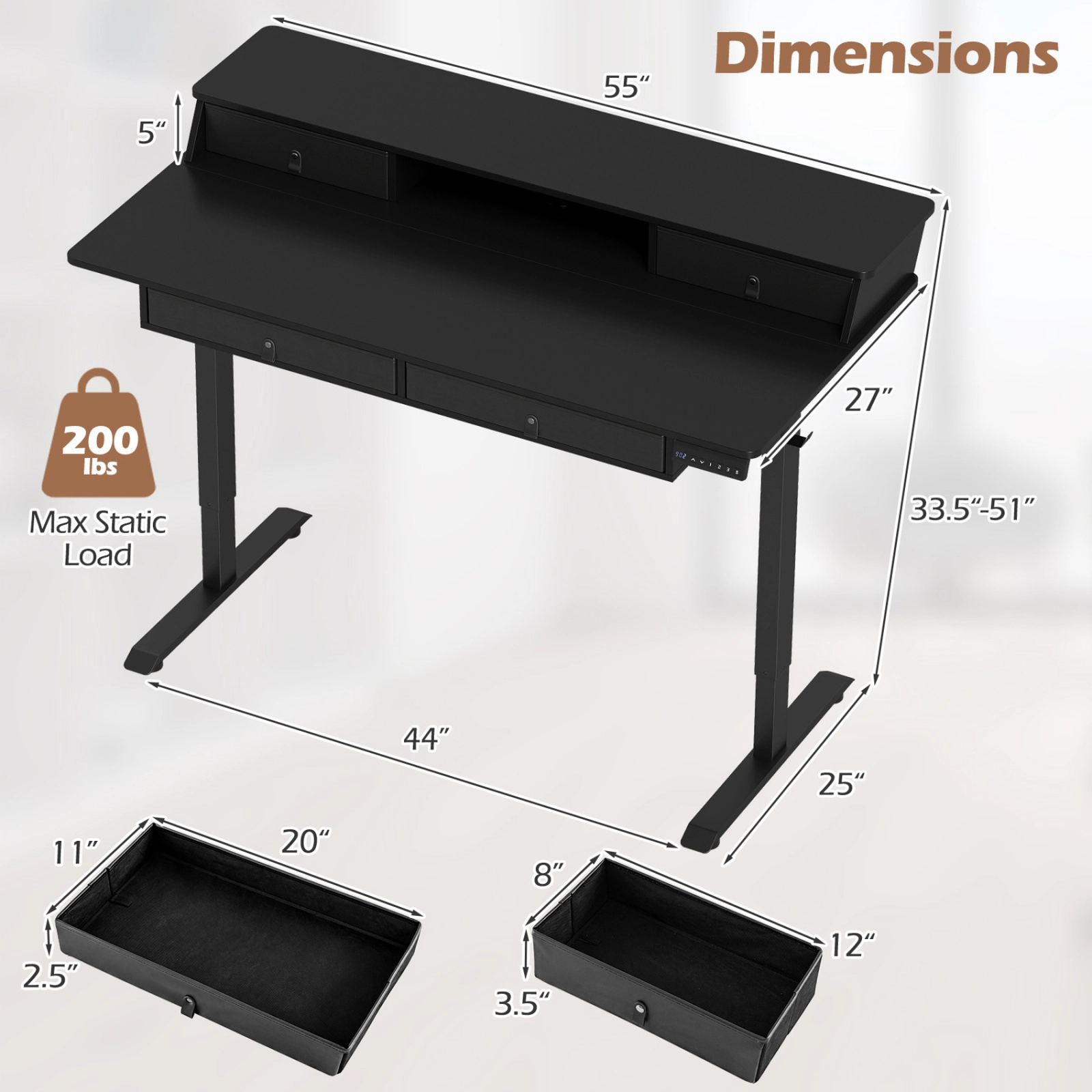 SUGIFT 55 x 27 in. Black Electric Height-Adjustable Standing Desk with 4 Drawers