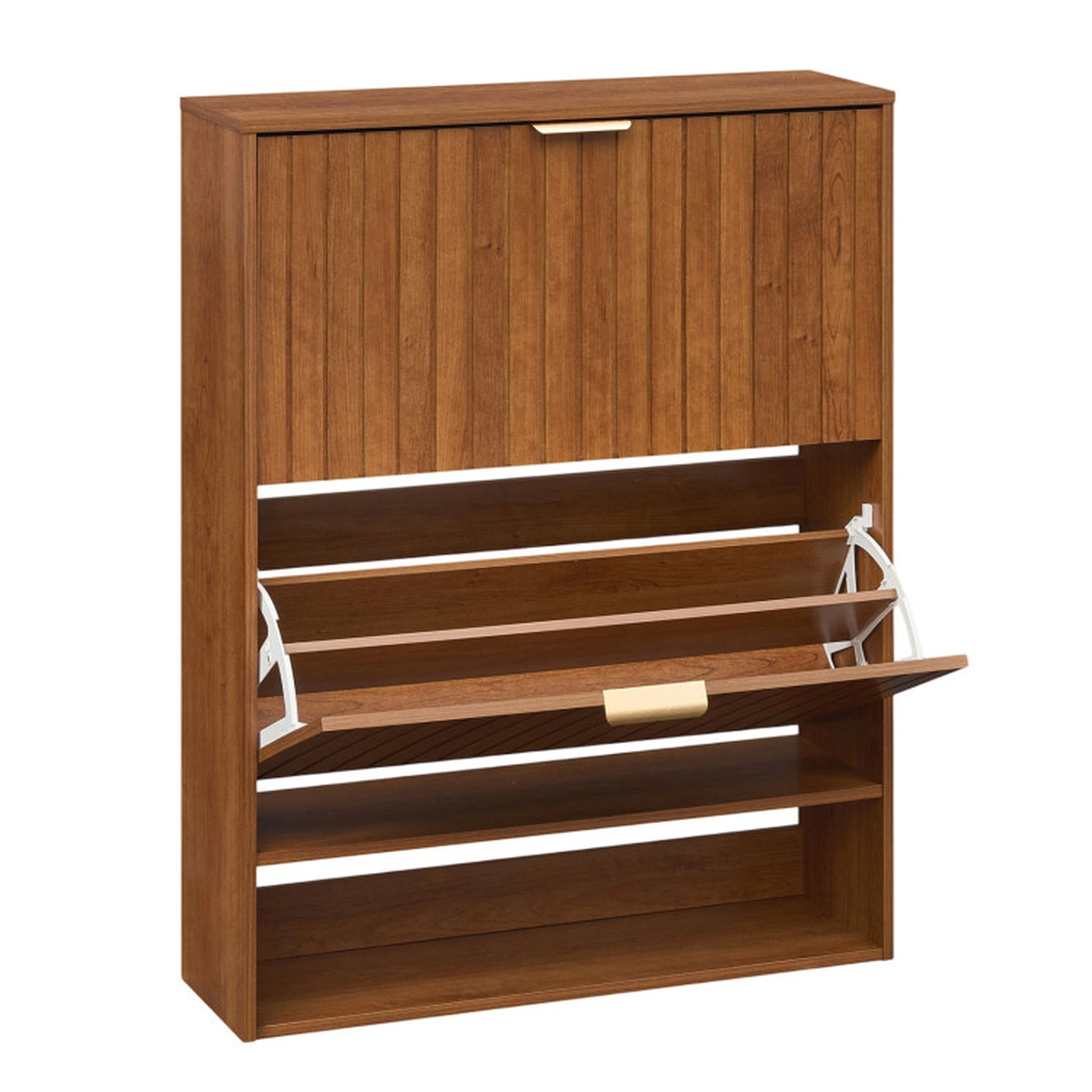 SUGIFT Walnut 40-in Tall Fluted Narrow Shoe Cabinet with 2 Flip Drawers and Open Cubby Storage