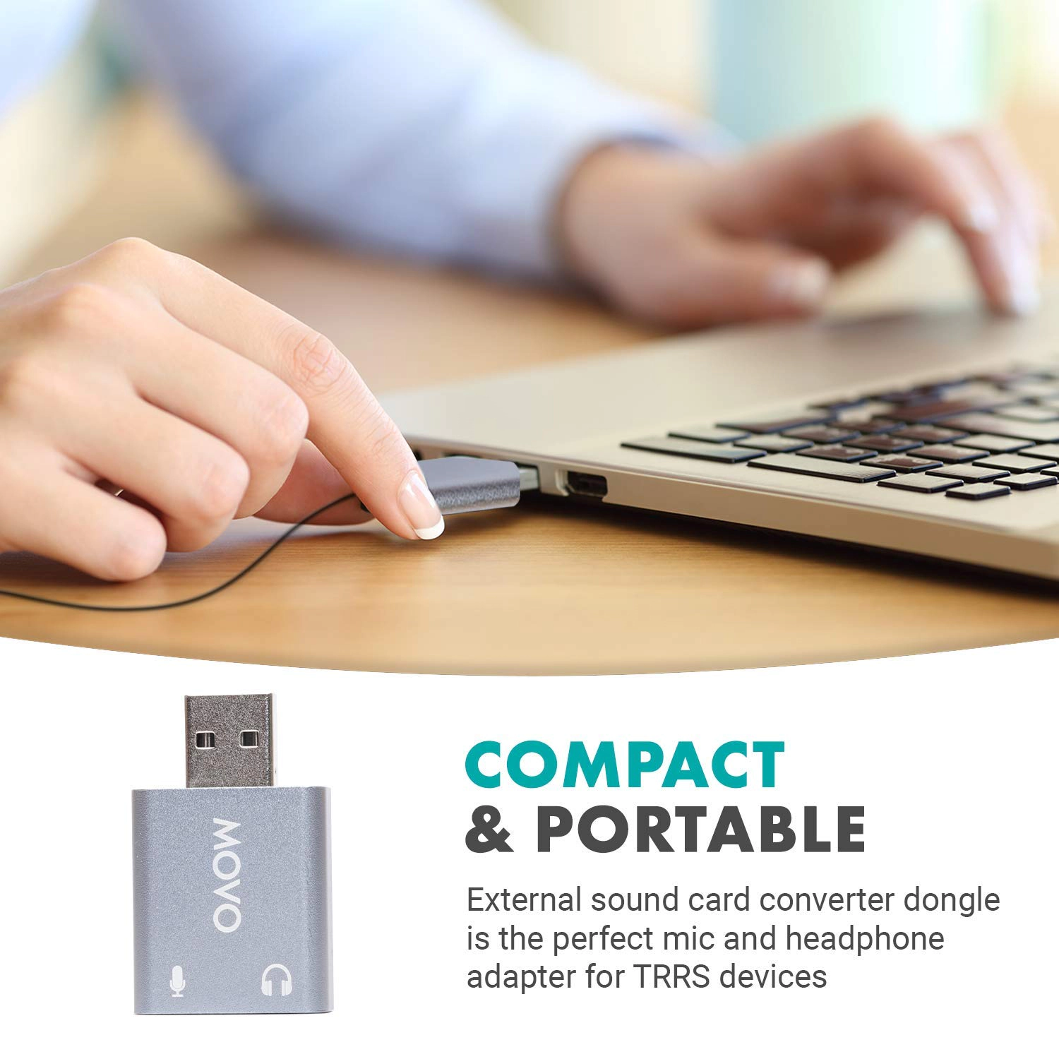 Movo USB-AC1 3.5mm TRRS Microphone to USB 2.0 Stereo Digital Audio Converter - USB Sound Card Adapter for Computer