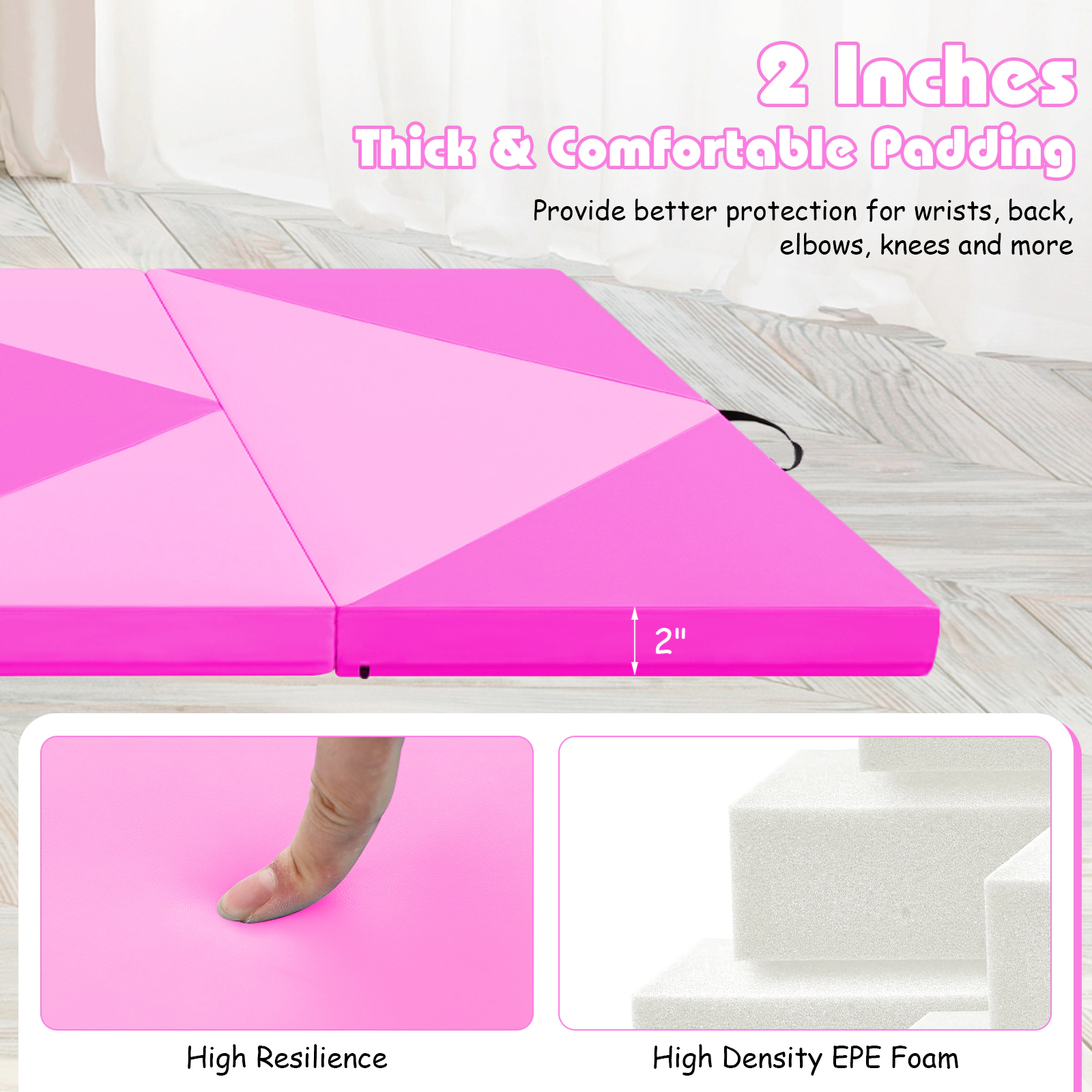SUGIFT 8-Foot PU Leather Folding Gymnastics and Yoga Mat with Hook and Loop Fasteners 11-lb Net Weight Pink