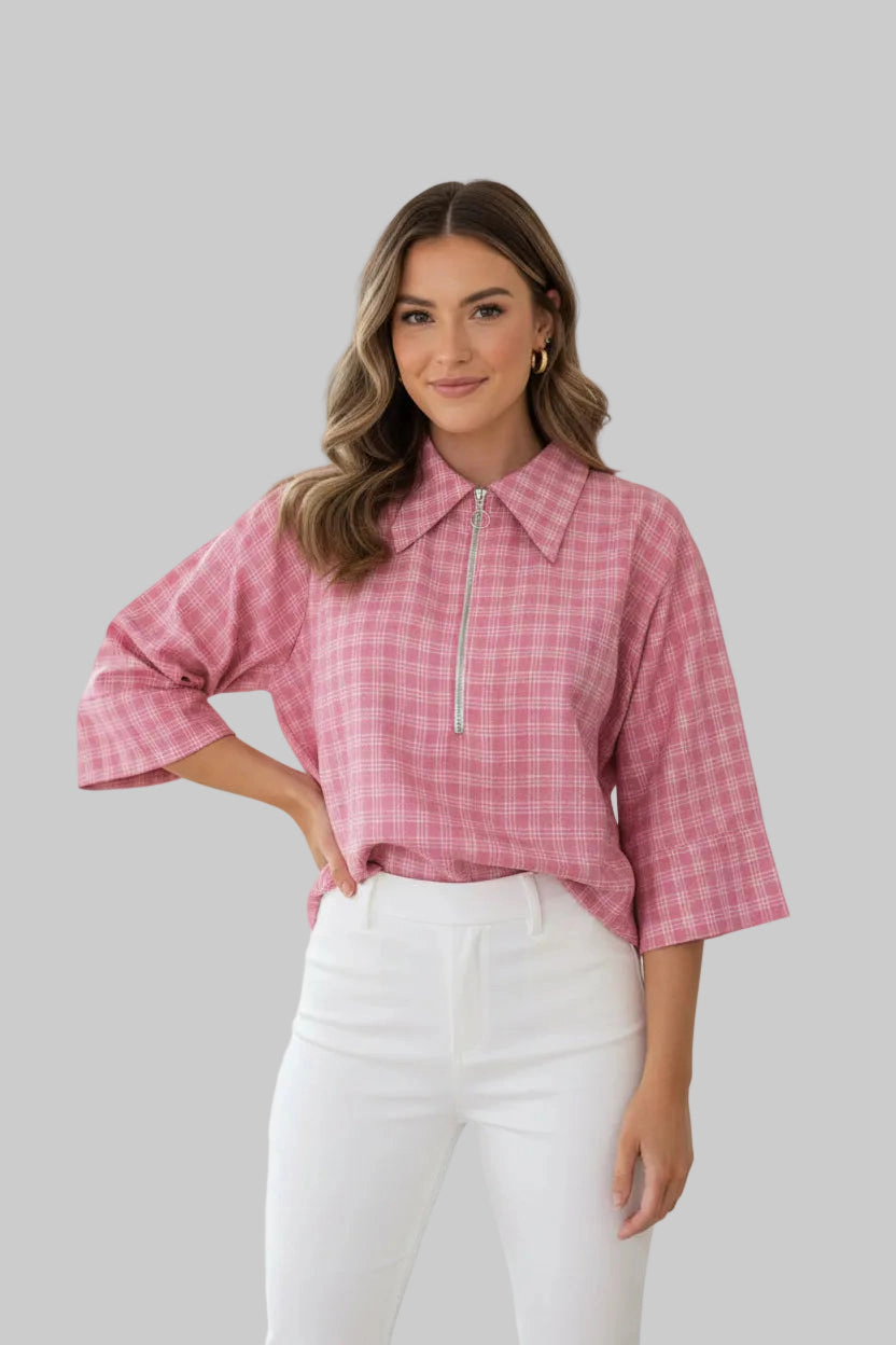 DressAtR Women's Boxy Cut Front Zipper Wide Bell Sleeve Blouse