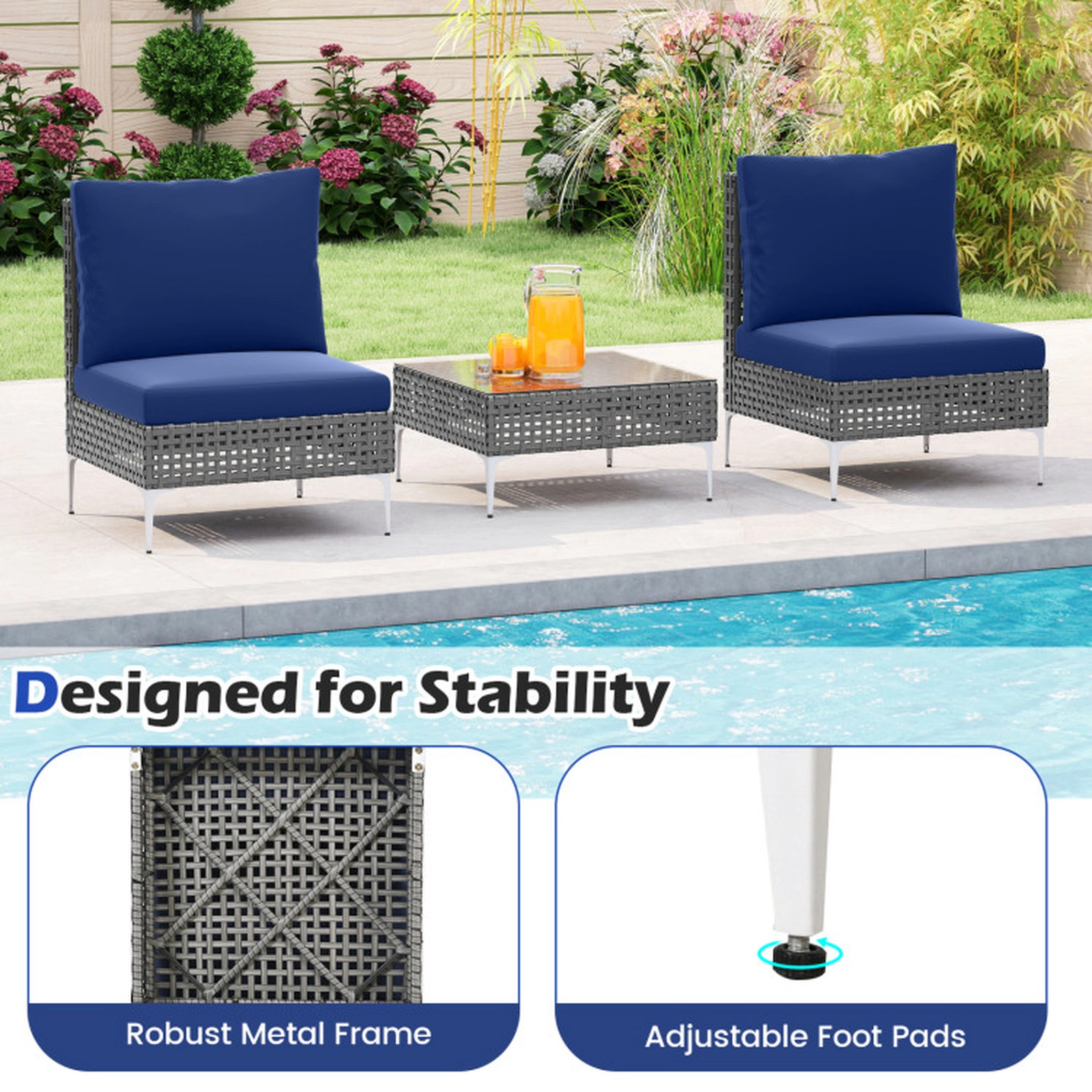 SUGIFT Conversation Chairs and Tempered Glass Coffee Table 400-lb Chairs 100-lb Table Gray Rattan Blue Cushions