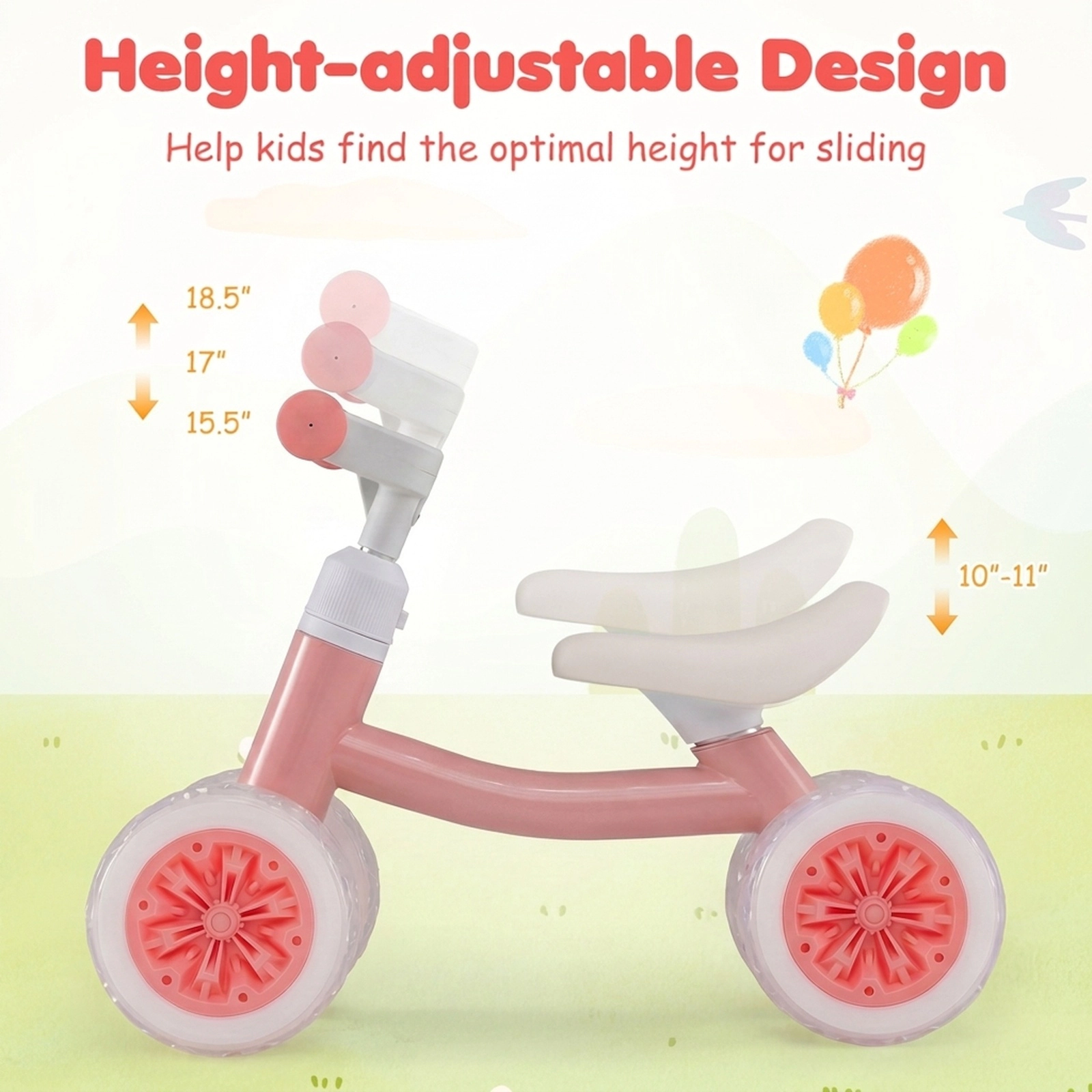 Baby Balance Bike 12-36 Months Light Up Wheels 3-Level Adjustable Handlebar Seat No Pedal Trainer 55-lb Capacity
