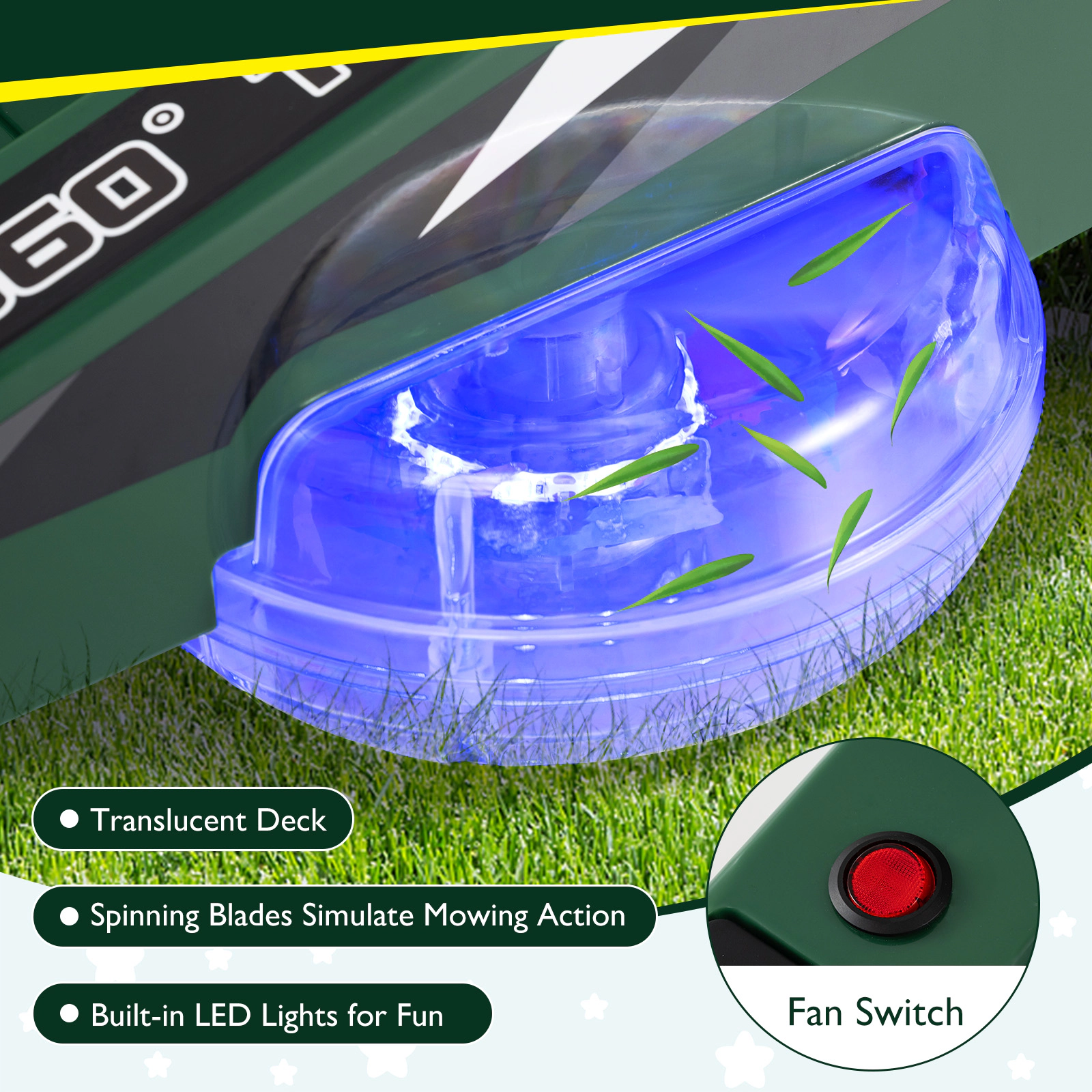 SUGIFT Green Dual Control Sticks LED Lights and Spinning Blades Kids 12V Ride On Lawn Mower