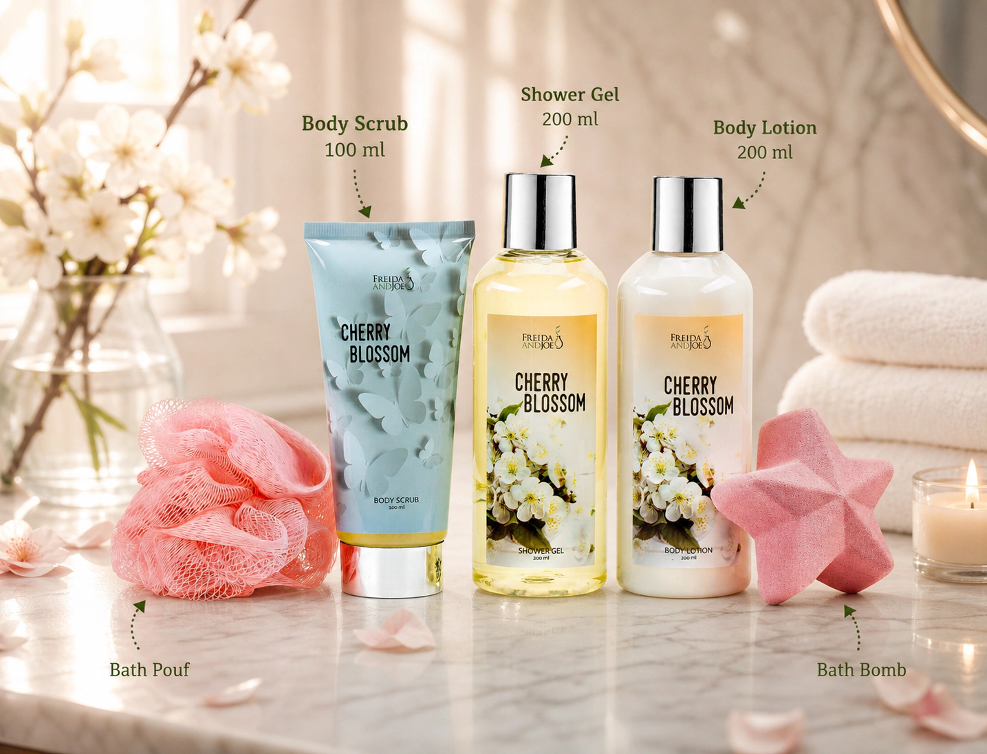 Freida and Joe  Women Cherry Blossom Spa Gift Box For Her Bath and Body Self-care Gift Set