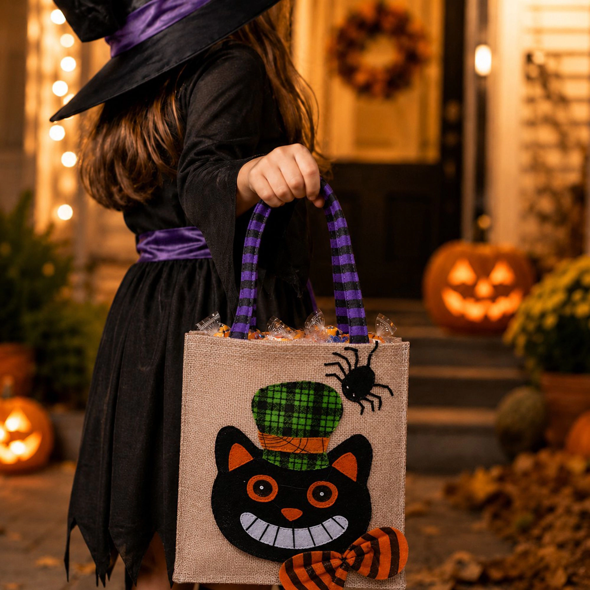 Alilang Halloween Burlap Character Applique Trick or Treat Tote Bag