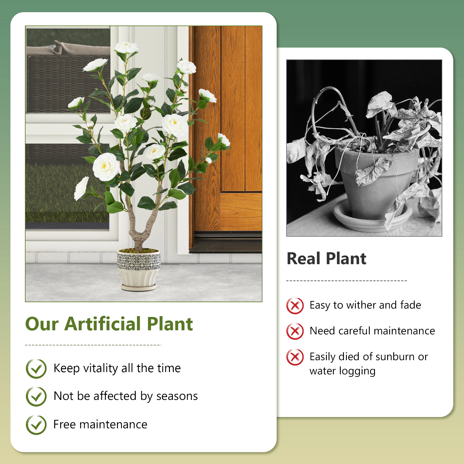 SUGIFT Set of 2 36-in Artificial Camellia Trees with White Blooming Flowers and Cement-Filled Pots