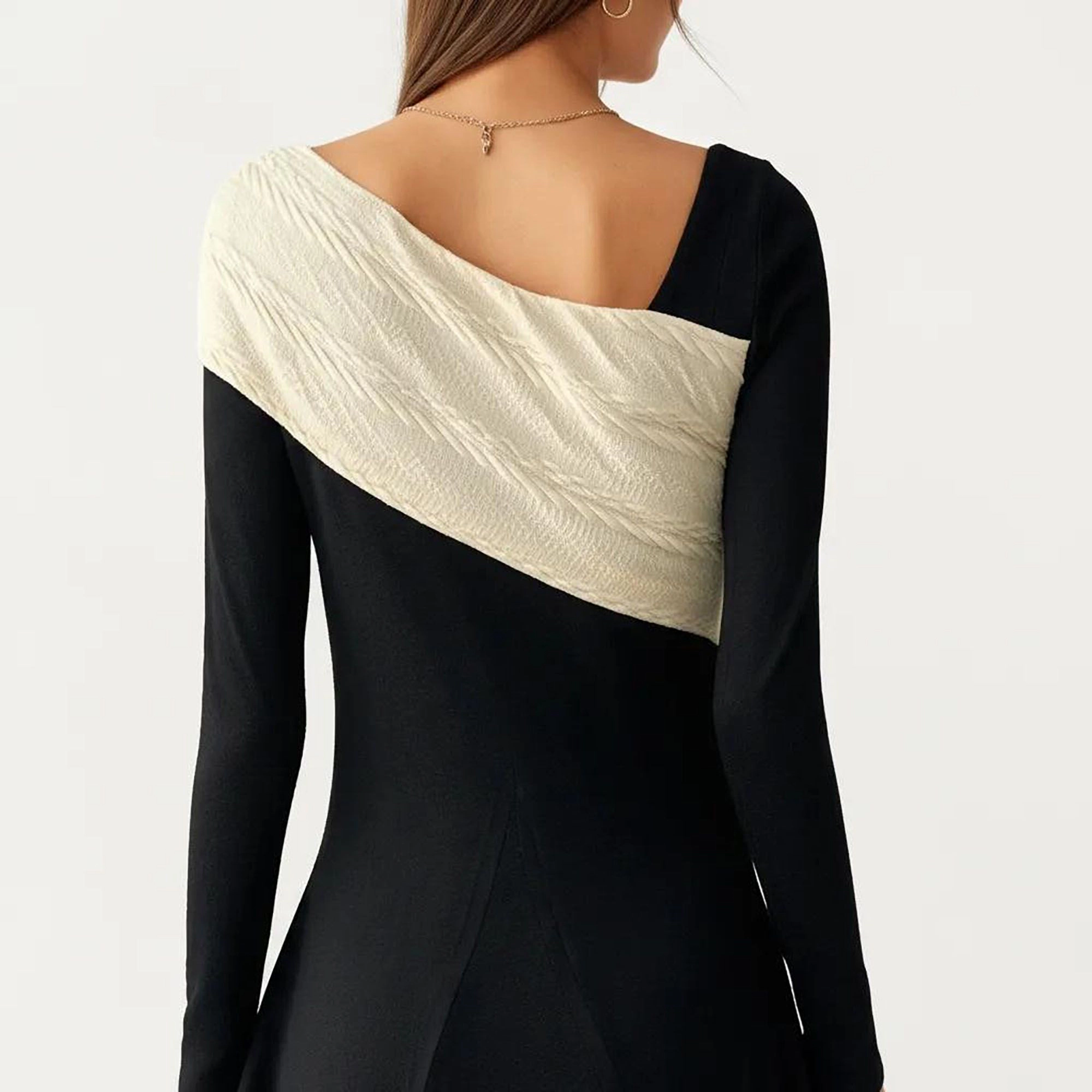 Anna-Kaci Women's Black Off Shoulder Knit Detail Long Sleeve Midi Dress