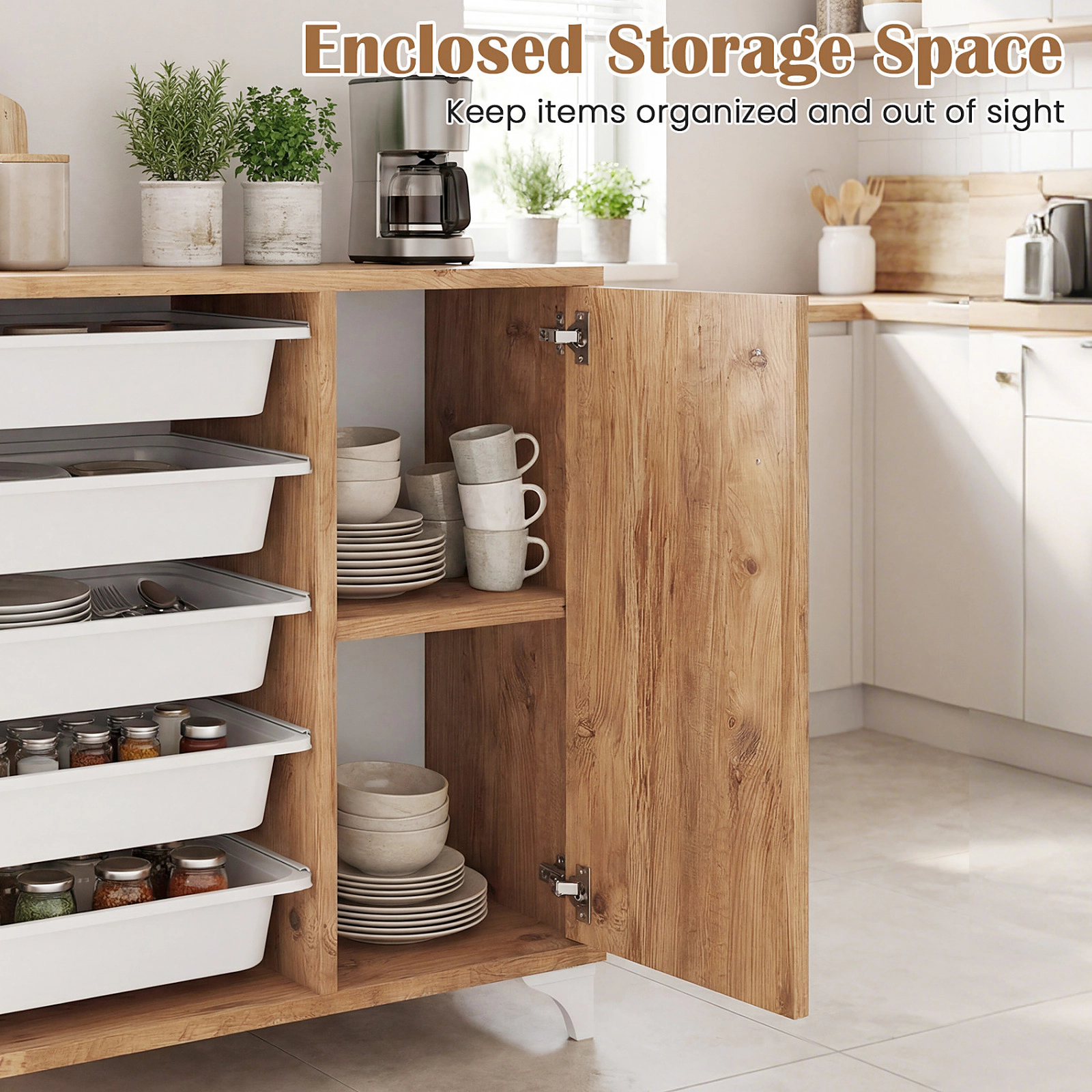 SUGIFT 5-Drawer Removable Bins Single Door Buffet Sideboard 30.5-in x 12-in x 30.5-in 40-lb Net Weight Natural
