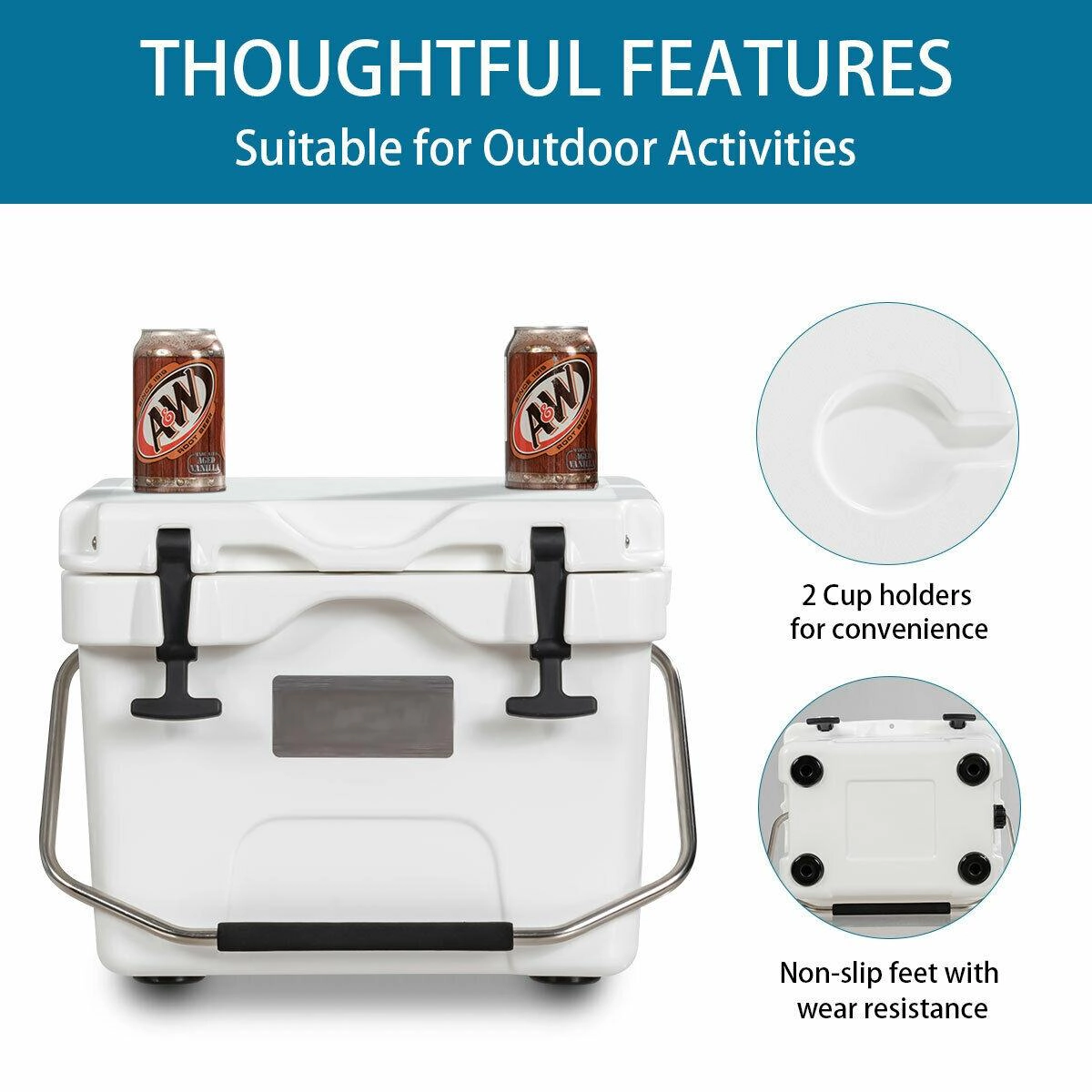 SUGIFT 16 Quart Insulated Ice Cooler 24-Can Capacity with 2 Cup Holders PE PU Construction 10-lb Net Weight White