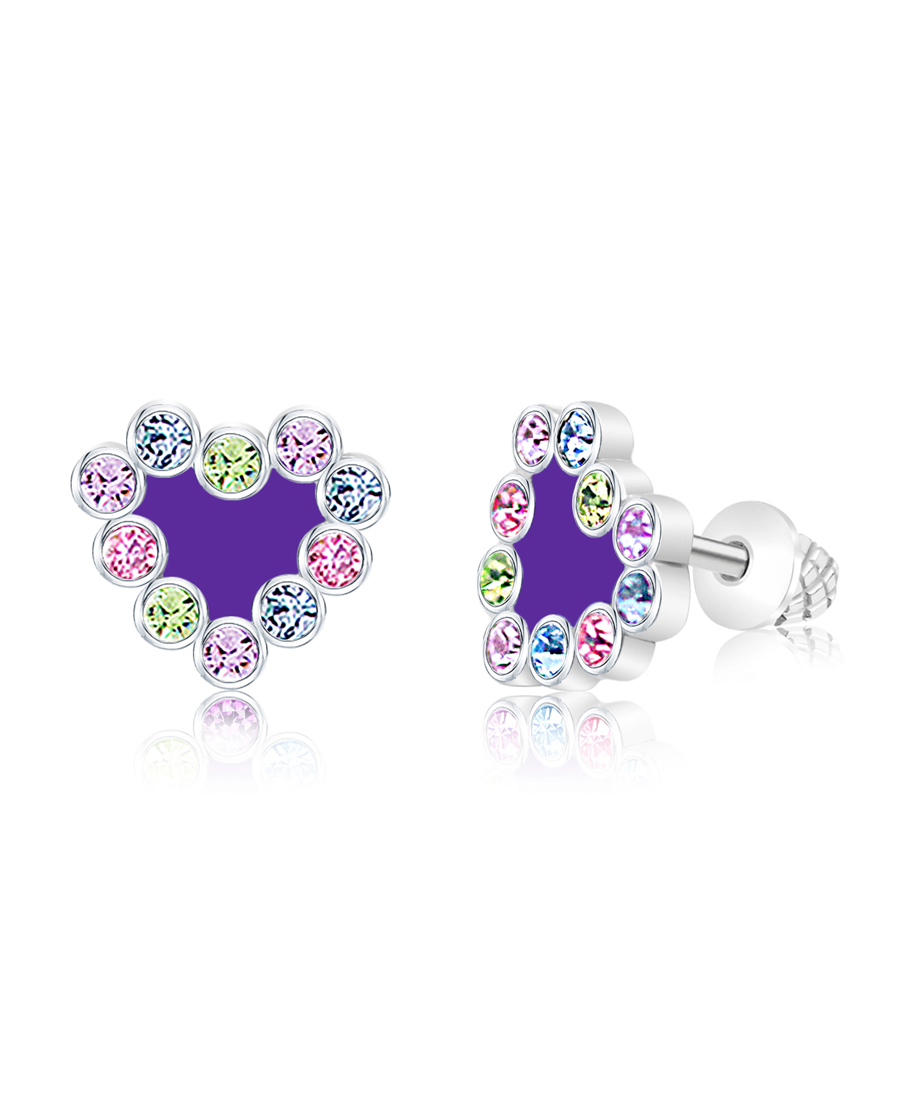 CHANTEUR Kids Heart Crystal Stud Earrings - Silver, White Gold Palladium Plating, Screw Back, Surgical Steel Posts