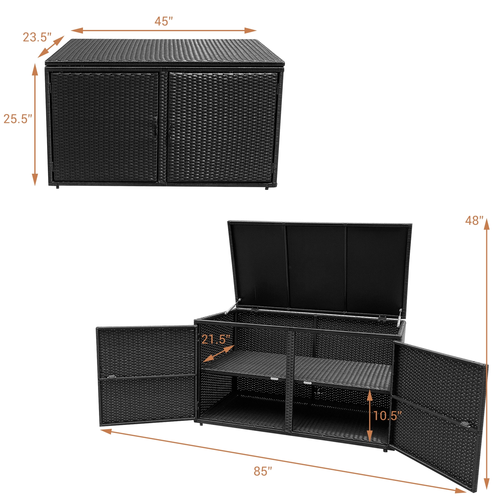 SUGIFT 88 Gallon Garden Patio Rattan Storage Box with Adjustable Feet and Shelf 110-lb Capacity Black
