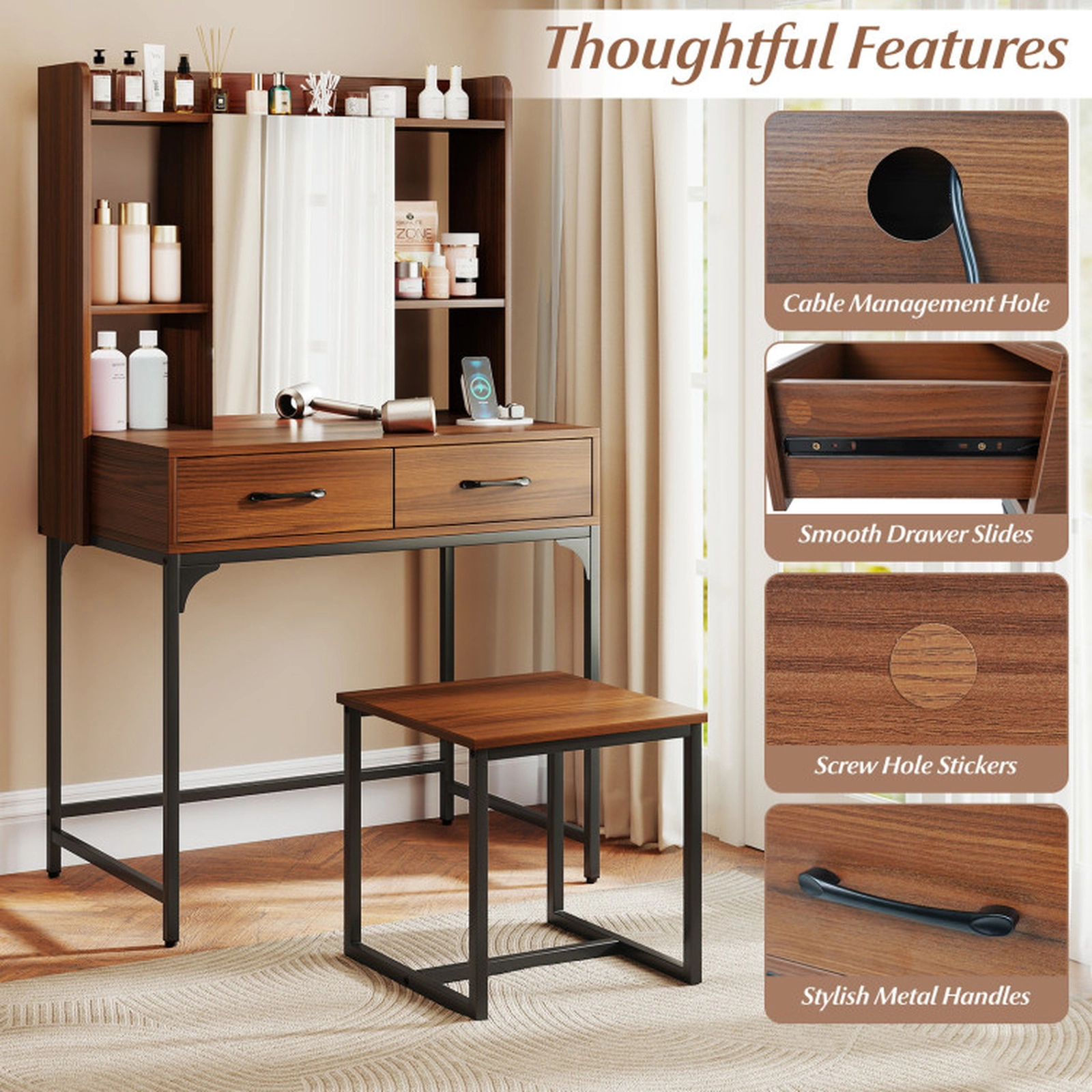 SUGIFT Vanity Desk Mirrored Cabinet, Storage Drawers & Charging Station 44-lb Tabletop Capacity with Stool White/Walnut