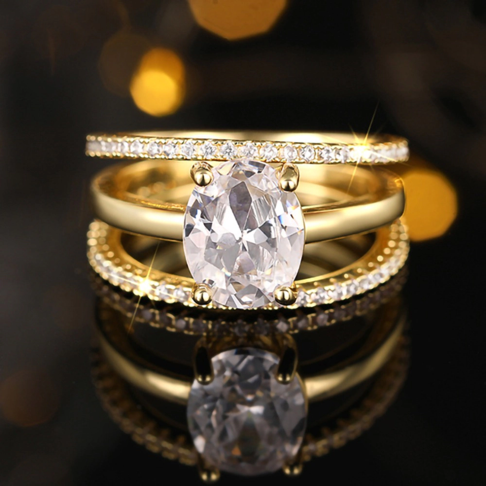 3 Piece Oval CZ with Micro Pave Bands Ring Set for Women