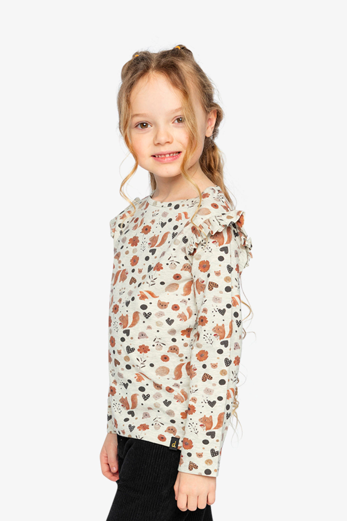 Deux par Girls Squirrel Print Ruffle-Shoulder Organic Cotton Long Sleeve T-Shirt