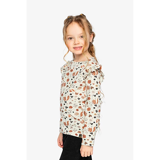 Deux par Deux Girls Squirrel Print Ruffle-Shoulder Organic Cotton Long Sleeve T-Shirt