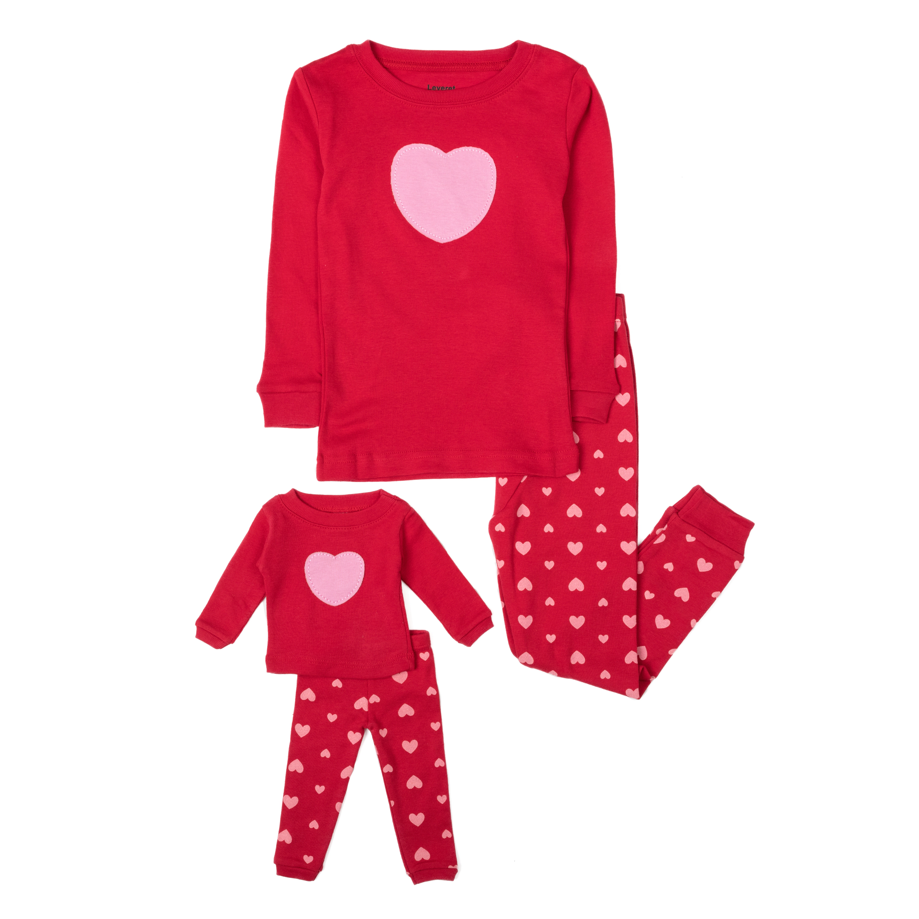 Leveret Girl & Doll Matching Long Sleeve Cotton Red Hearts Valentines Day Pajamas