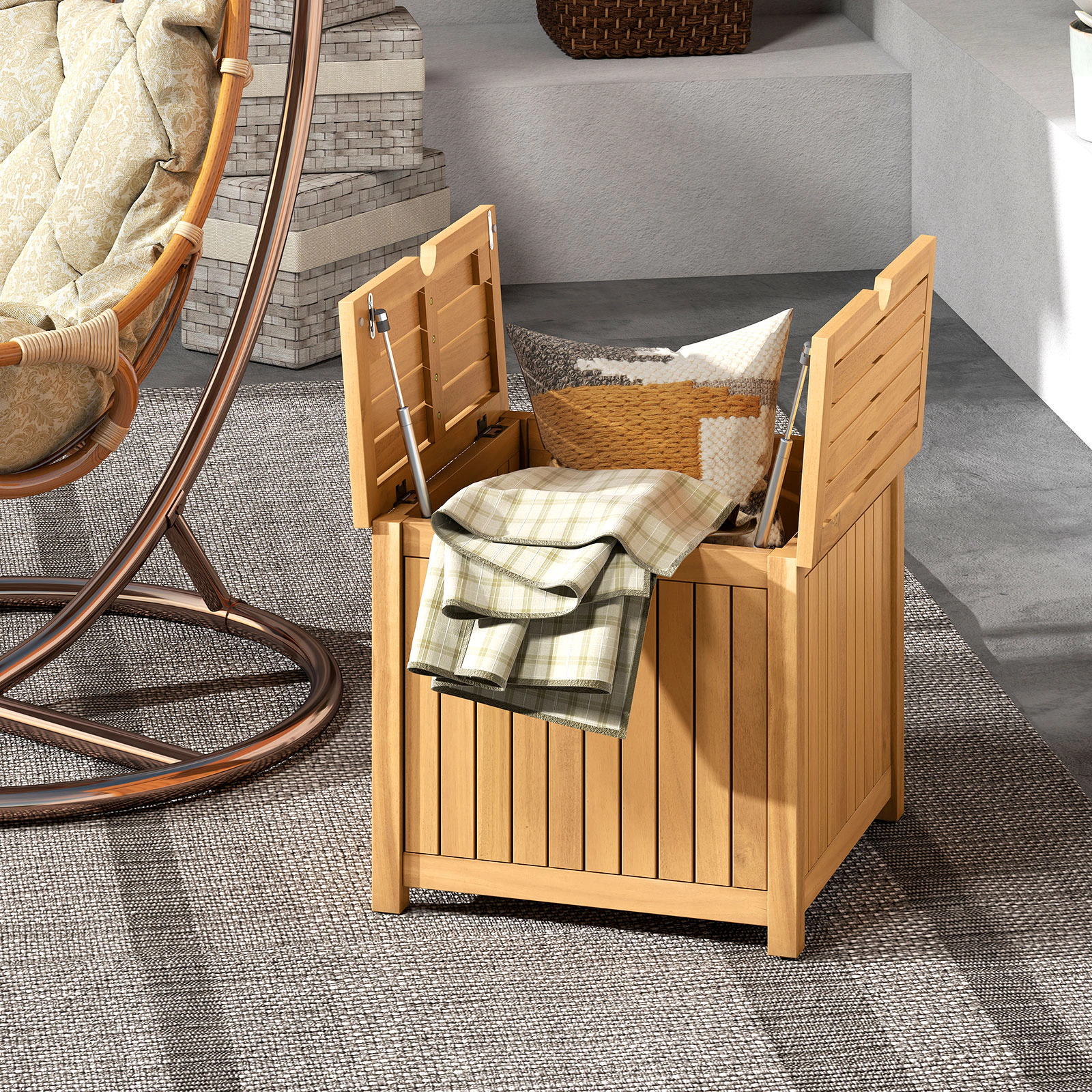 SUGIFT Storage Box and Umbrella Hole Natural 2-in-1 Outdoor Acacia Wood Side Table