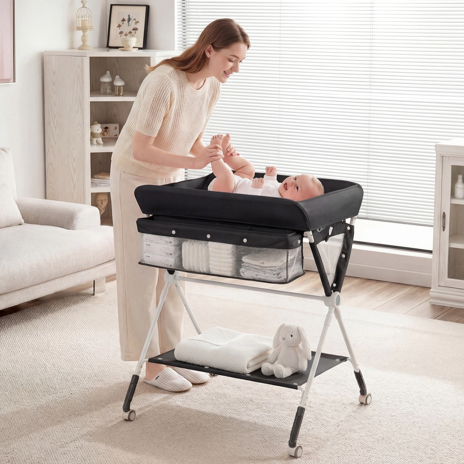SUGIFT Black Folding Baby Changing Table, 3-Level Adjustable Height Diaper Station with Basket